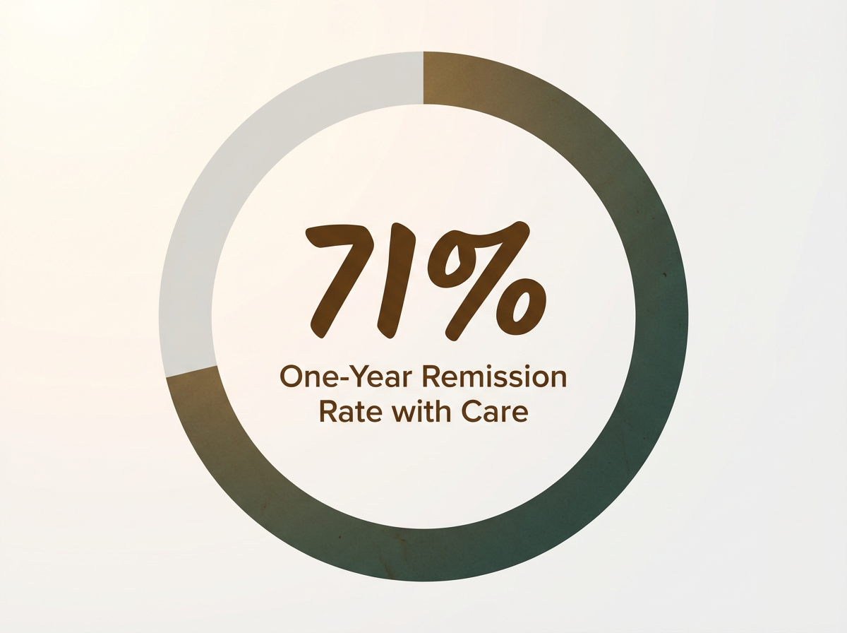 Infographic showing Remission Rate at One-Year Follow-up with Continuing Care: 71%
