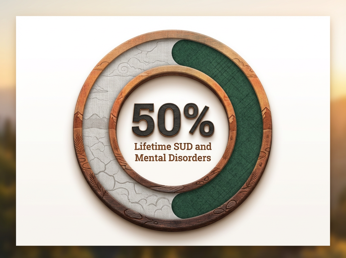 Infographic showing Lifetime Co-occurrence of SUD and Mental Health Disorders: 50%