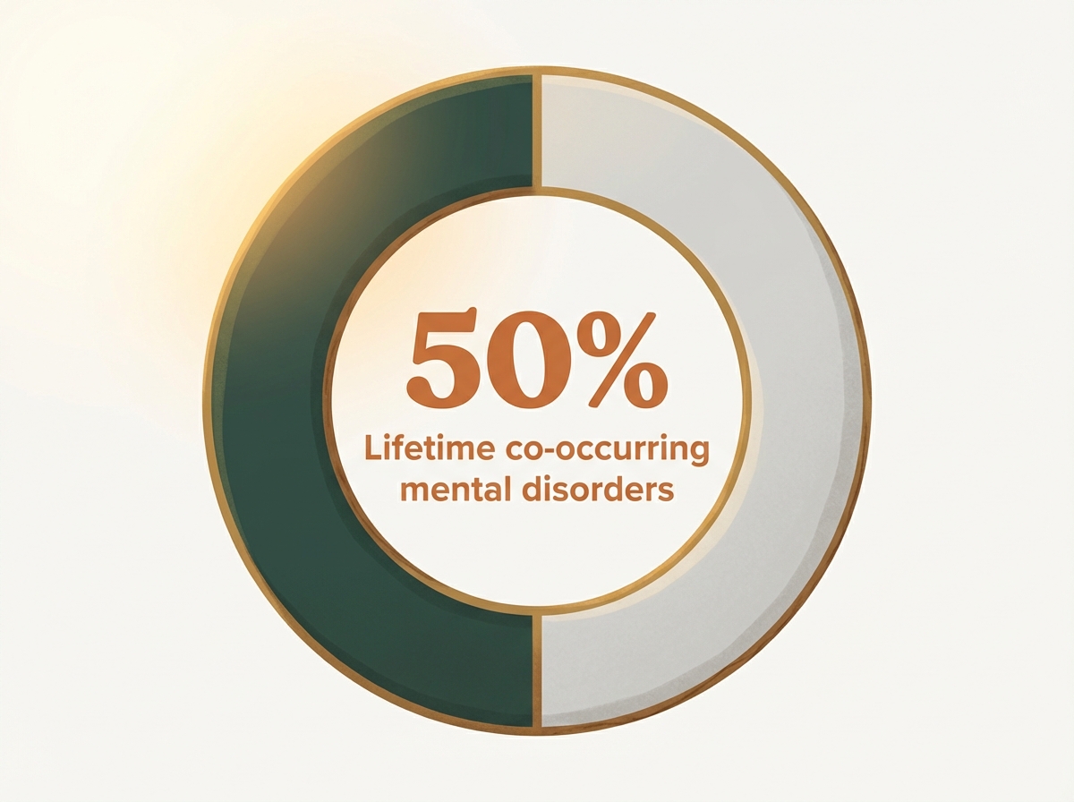 Infographic showing Lifetime prevalence of co-occurring mental health disorders in individuals with a substance use disorder: 50%