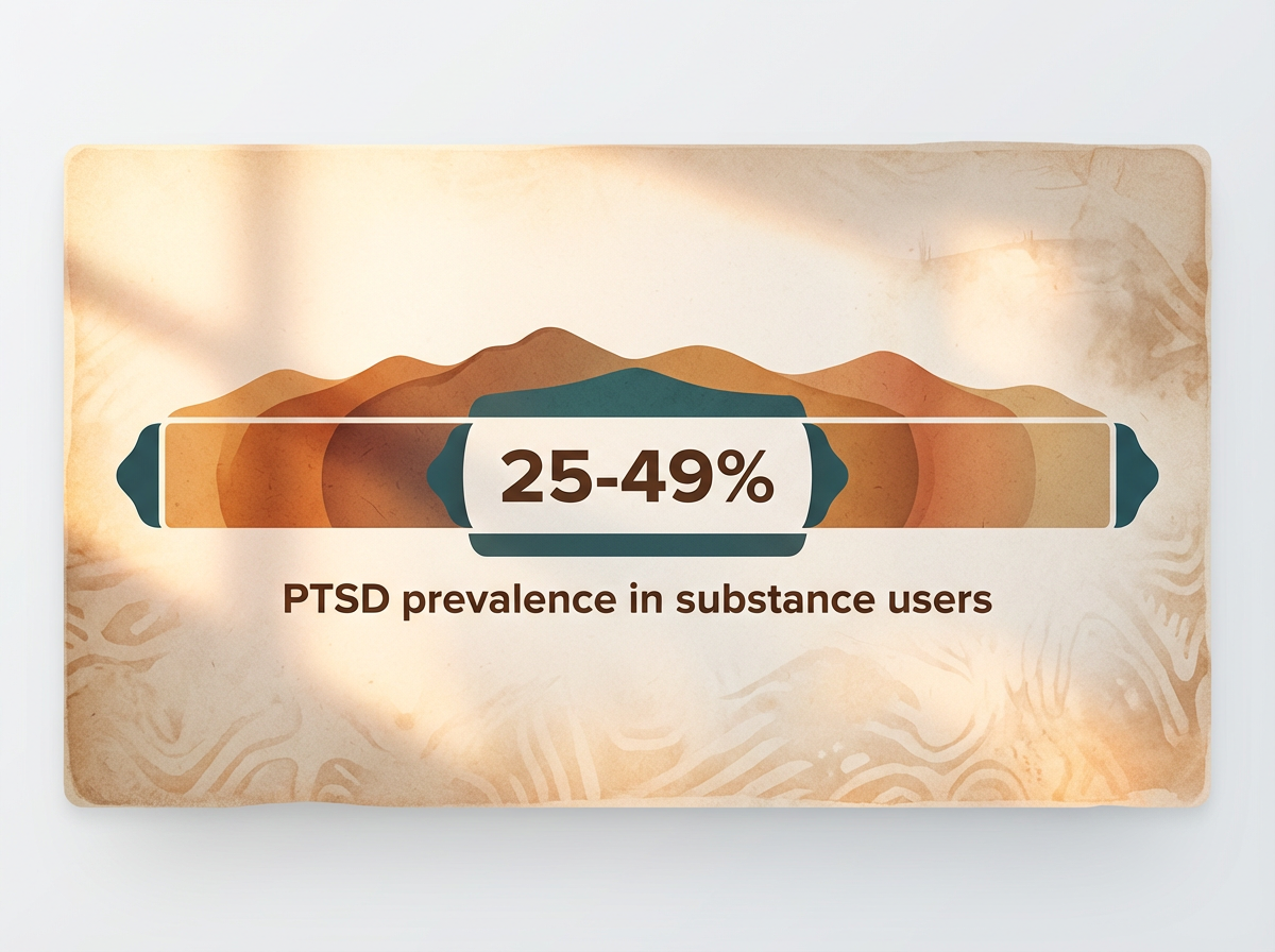 Infographic showing Prevalence of PTSD in individuals with Substance Use Disorder: 25-49%