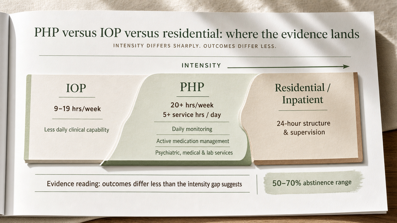What Is a PHP for Addiction Treatment? 2 Compare the three ASAM levels of care on weekly hours and clinical capabilities, supporting the section's framing of intensity vs. outcome and the cited 50–70% abstinence range