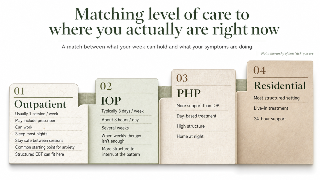 Section describes a stepped continuum of care (outpatient → IOP → PHP → residential) with criteria for each level — a clear comparison framework that benefits from a process/comparison infographic
