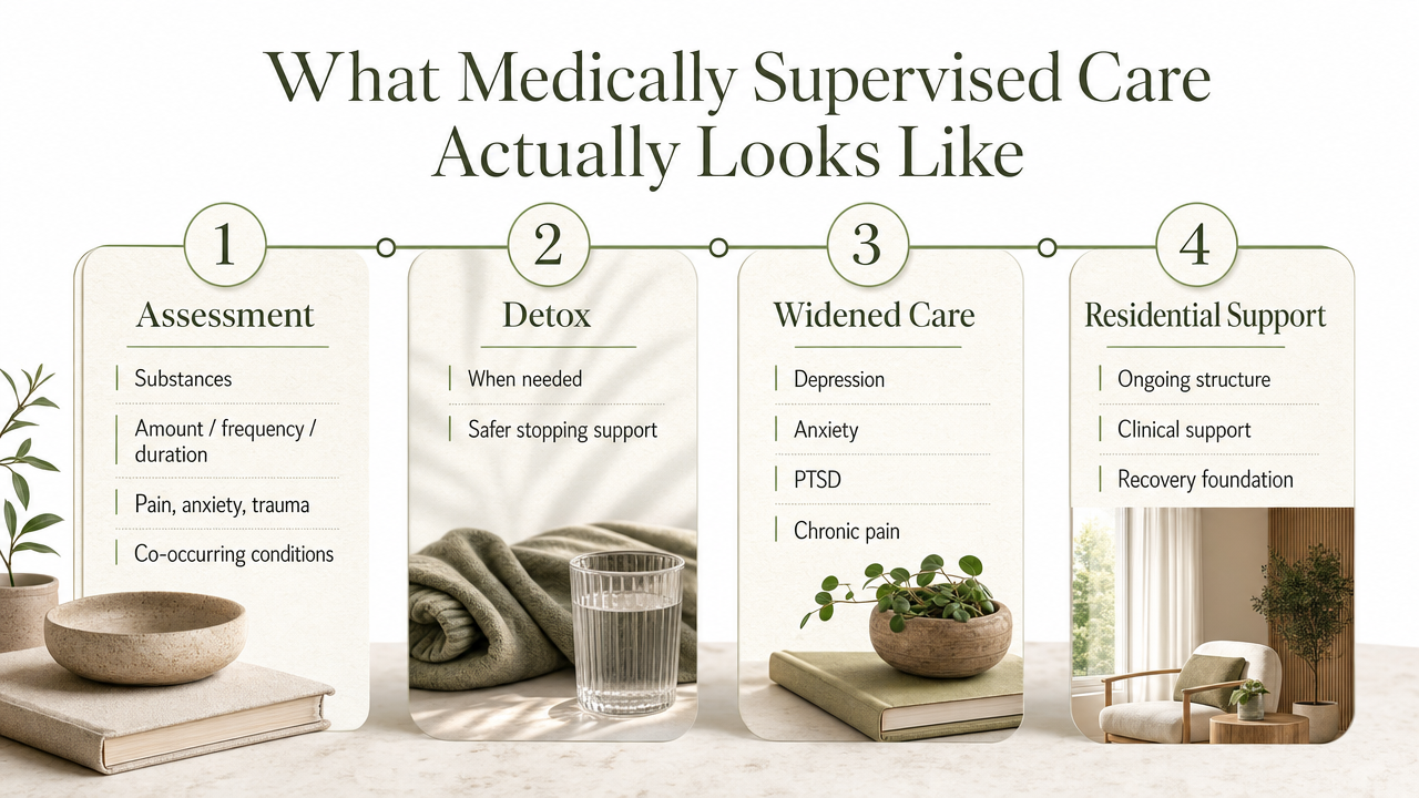 What Happens When You Mix Vicodin and Alcohol? 3 Visualize the four-stage care pathway described in this section (assessment, detox, widened care, residential support) as a process infographic