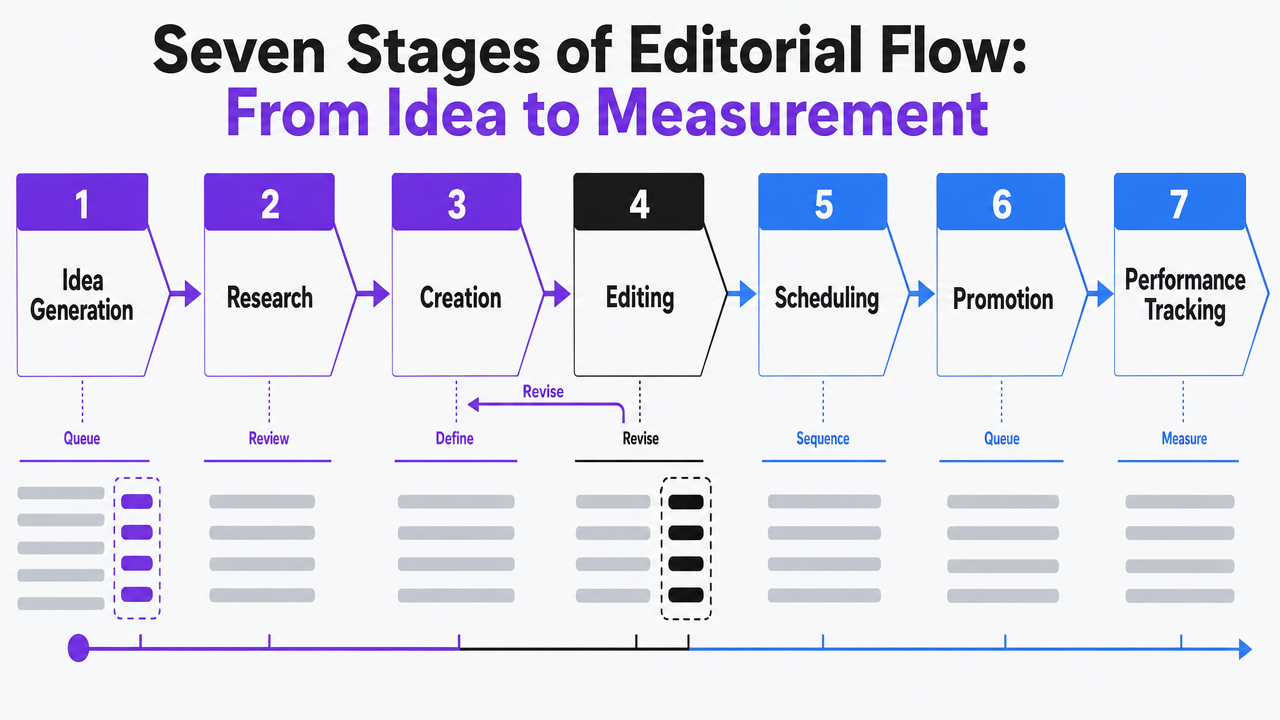 Visualize the seven-stage editorial pipeline cited from sem-wizard [ref_7], matching the exact stages named in the section