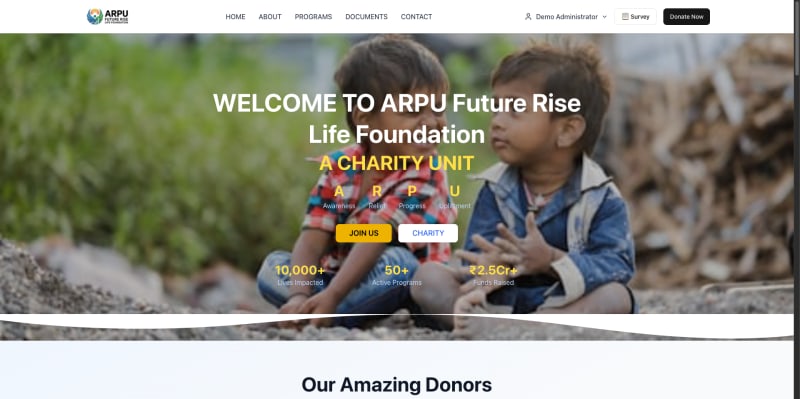 Screenshot of Arpufrl NGO project showing NGO website with donation management