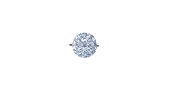 White Ringed Target Round target ring Art Deco in 18k white gold, platinum and diamonds ...