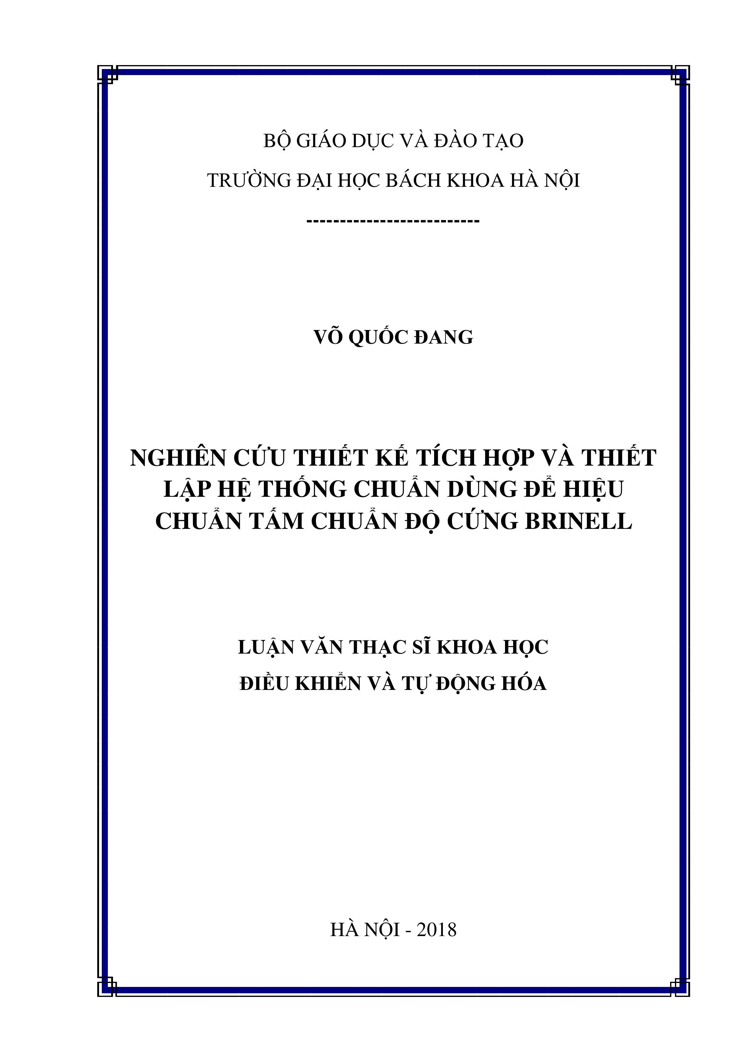 Nghiên cứu thiết kế tích hợp và thiết lập hệ thống chuẩn dùng để hiệu chuẩn tấm chuẩn độ cứng brinell