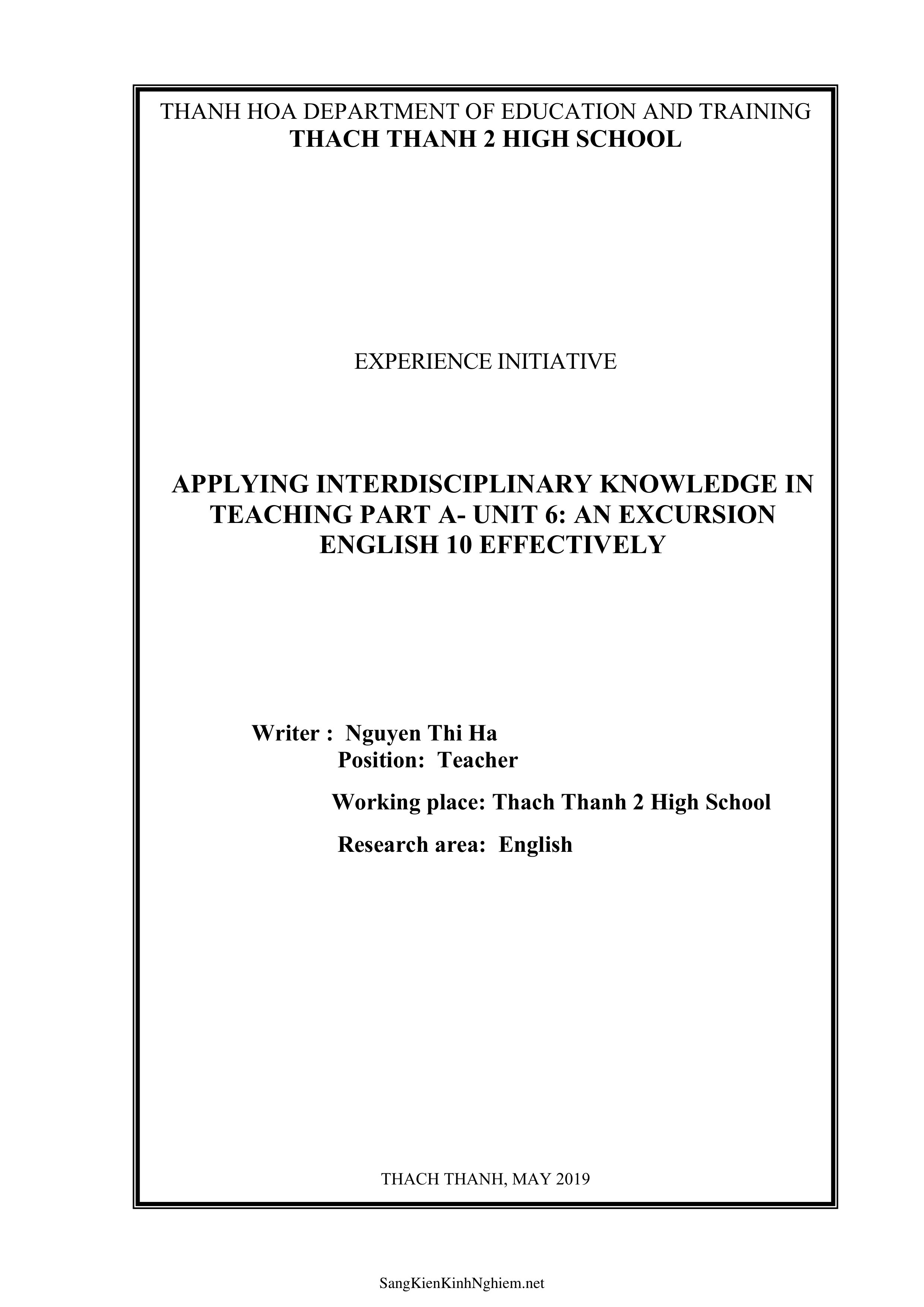 Applying interdisciplinary knowledge in teaching part a - Unit 6: an excursion English 10