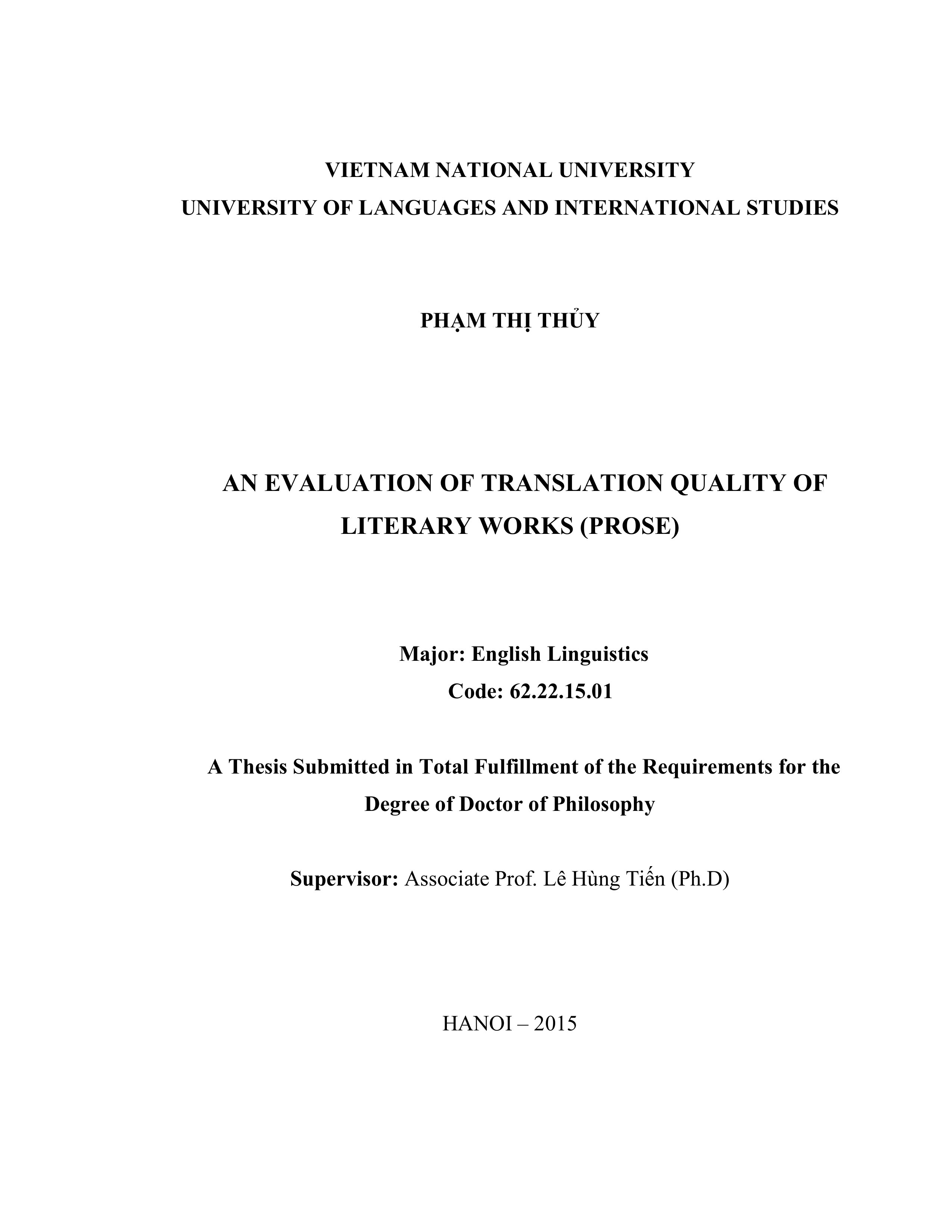 AN EVALUATION OF TRANSLATION QUALITY OF LITERARY WORKS