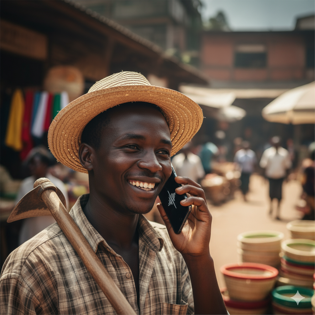 Young Rwandan farmer using mobile phone in market