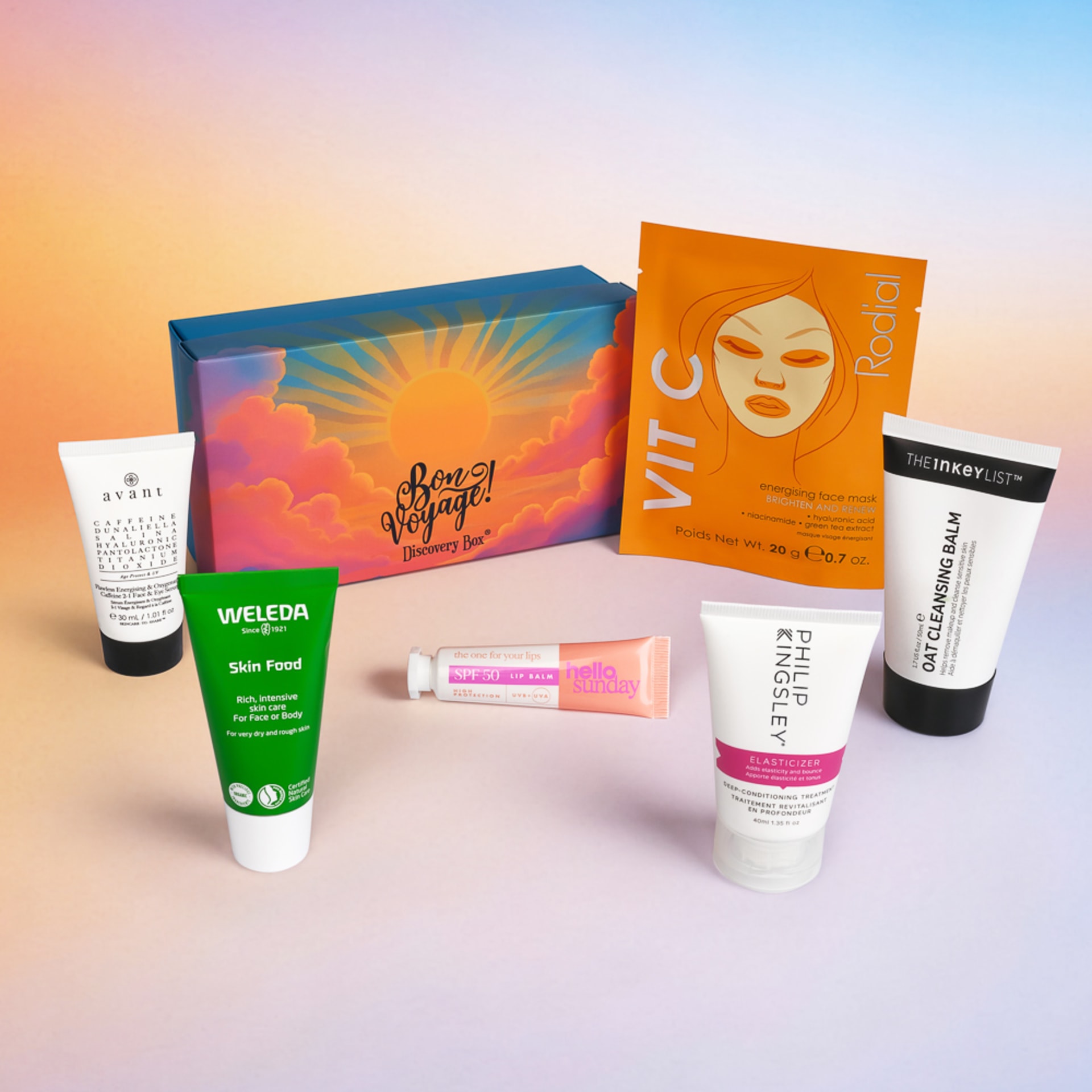 Beauty discovery box lifestyle flat lay