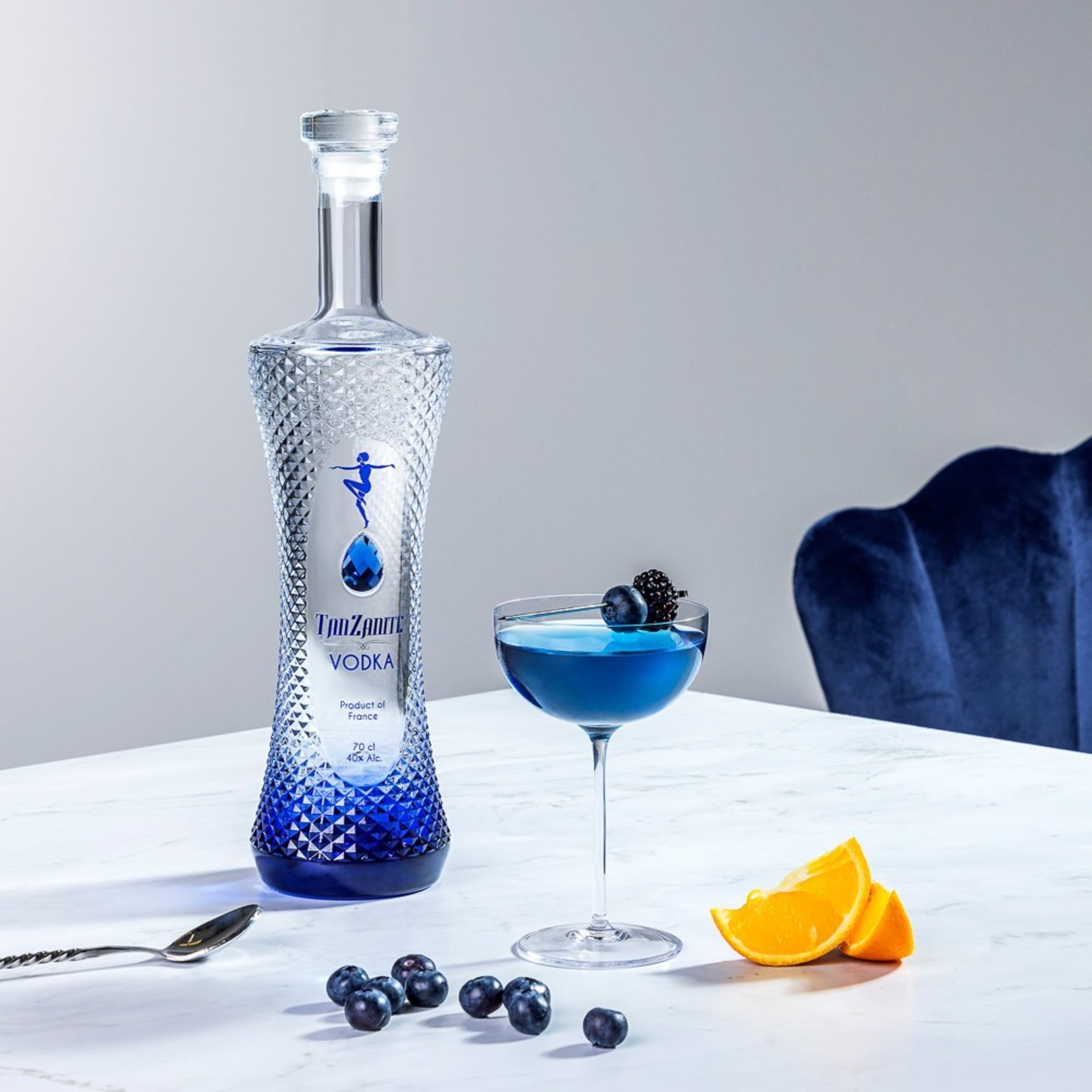 Tanzanite vodka blue cocktail lifestyle marble hero - product photography UK