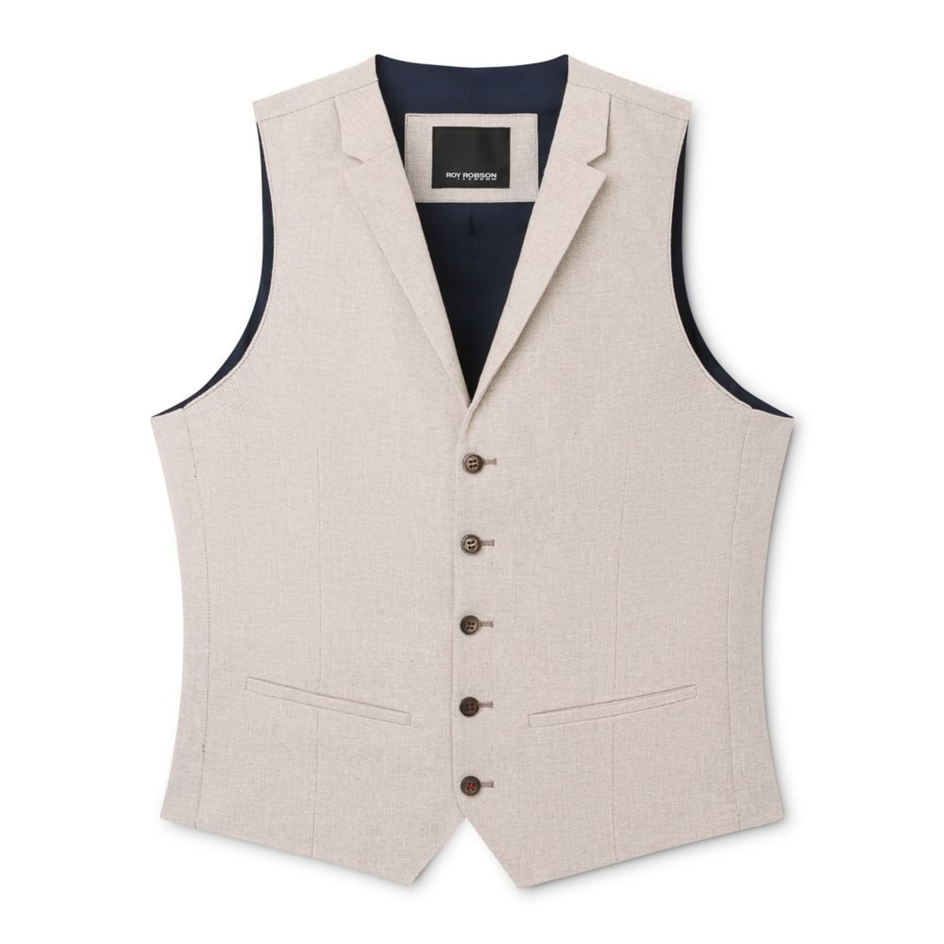 Beige linen waistcoat ghost mannequin with navy lining - clothing product photography UK
