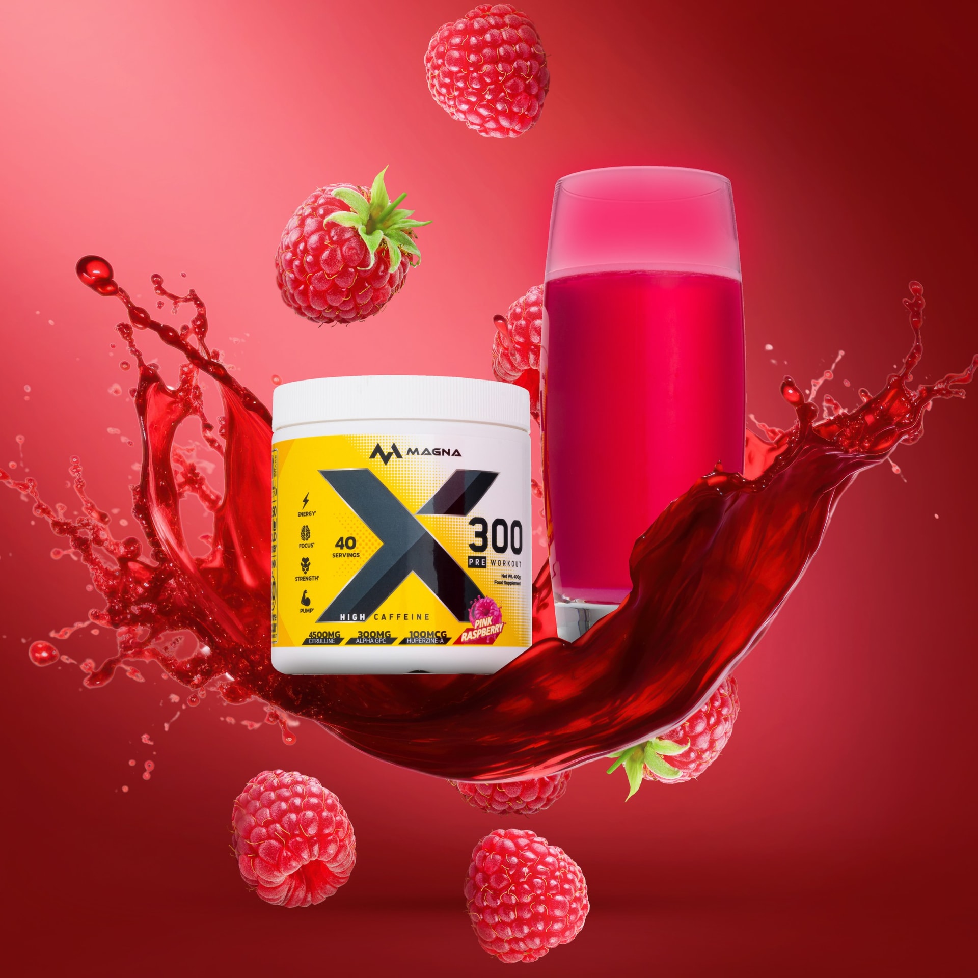 Pre-workout supplement pink raspberry splash composite - product photography UK