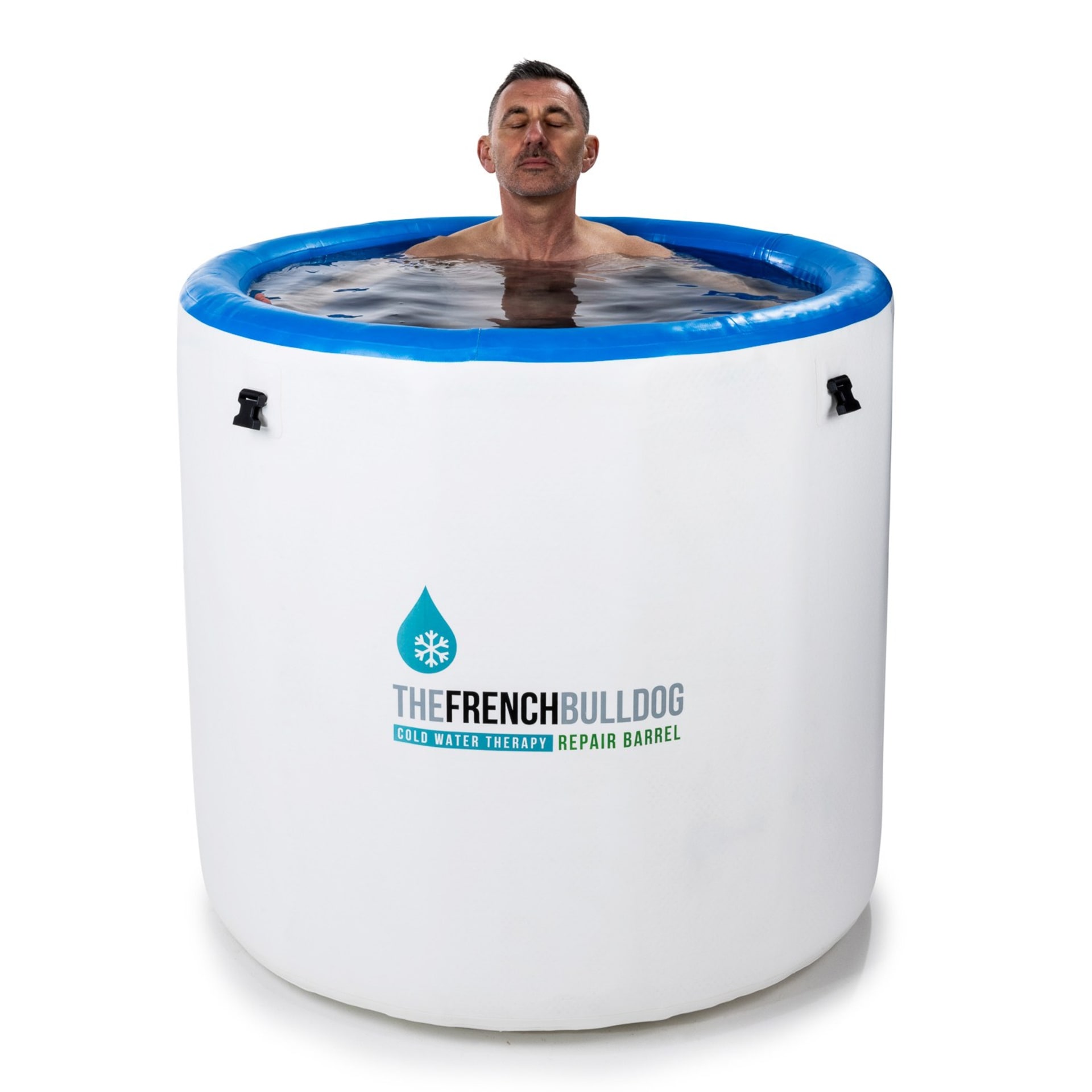 Ice bath cold therapy barrel lifestyle with model - product photography UK