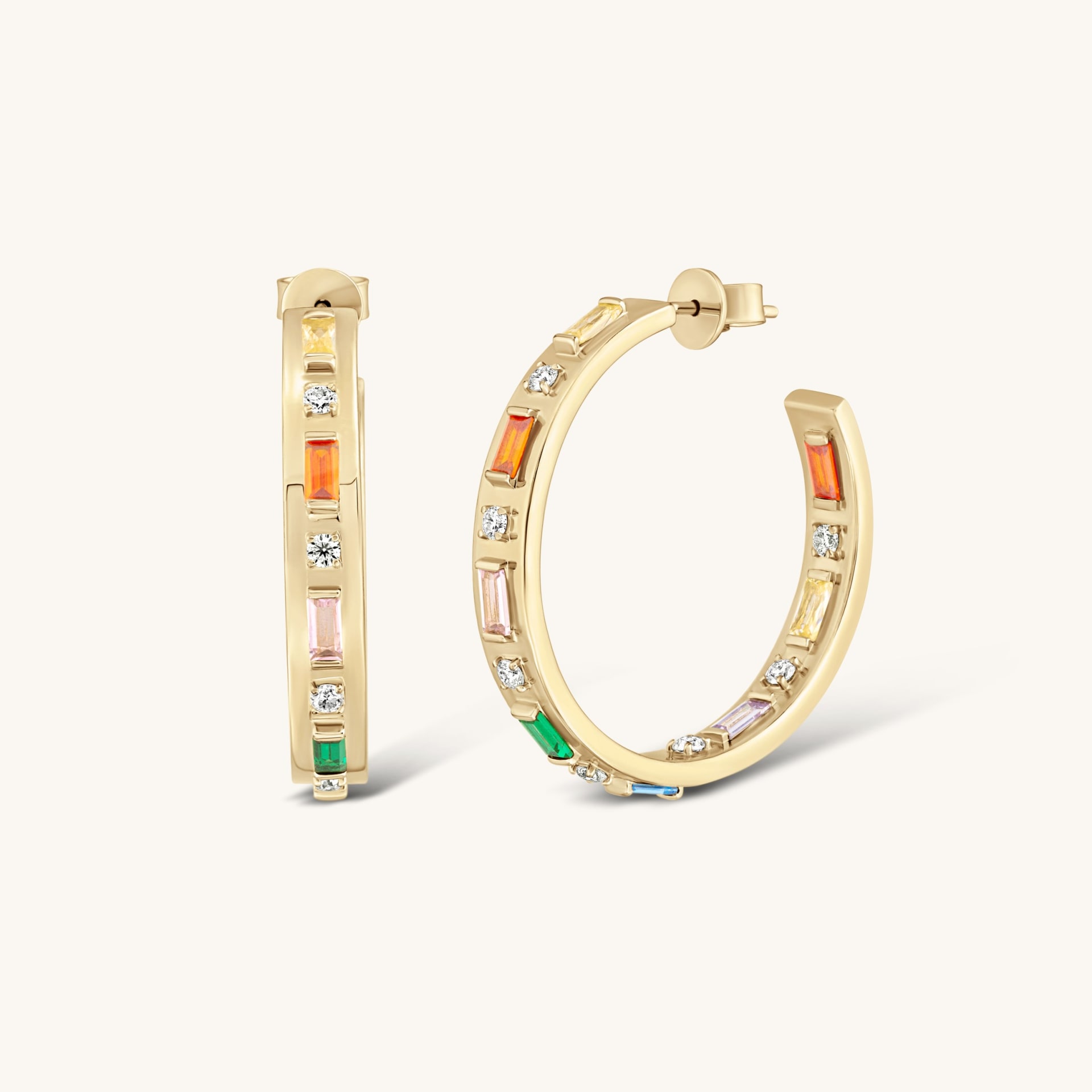 Gold hoop earrings with multicoloured gemstones - colourful earring photography UK