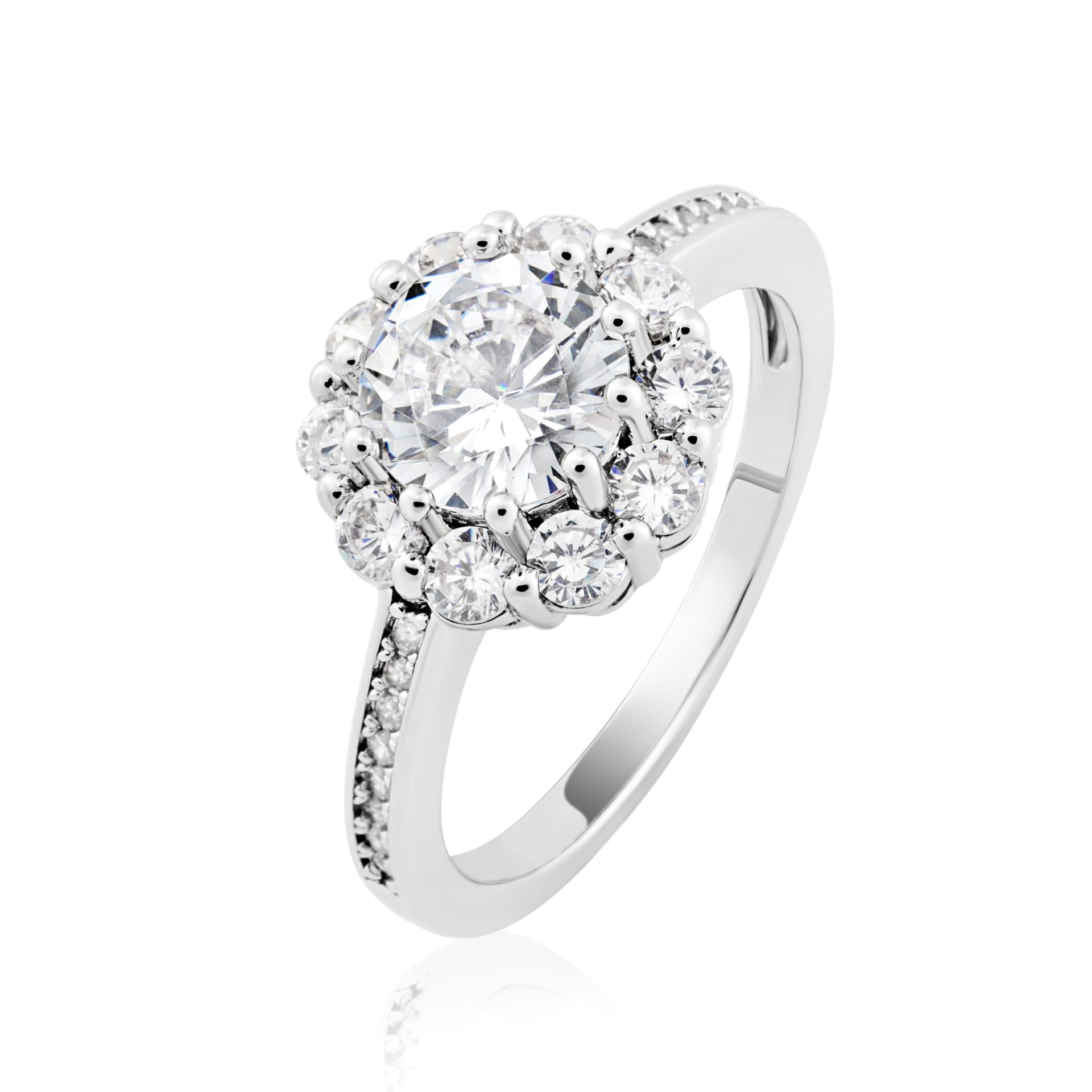 Diamond halo engagement ring in white gold - professional jewellery packshot photography UK