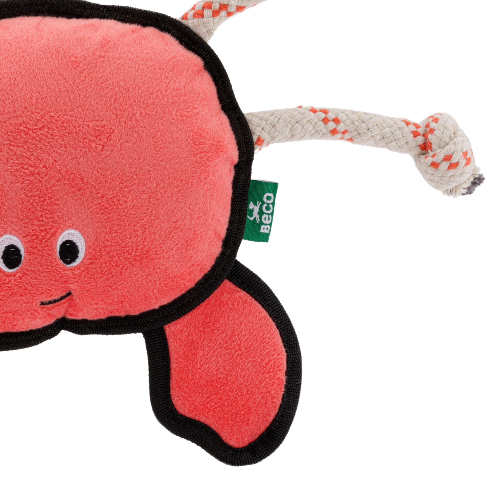 Coral plush crab dog toy with rope detail packshot - pet product photography UK
