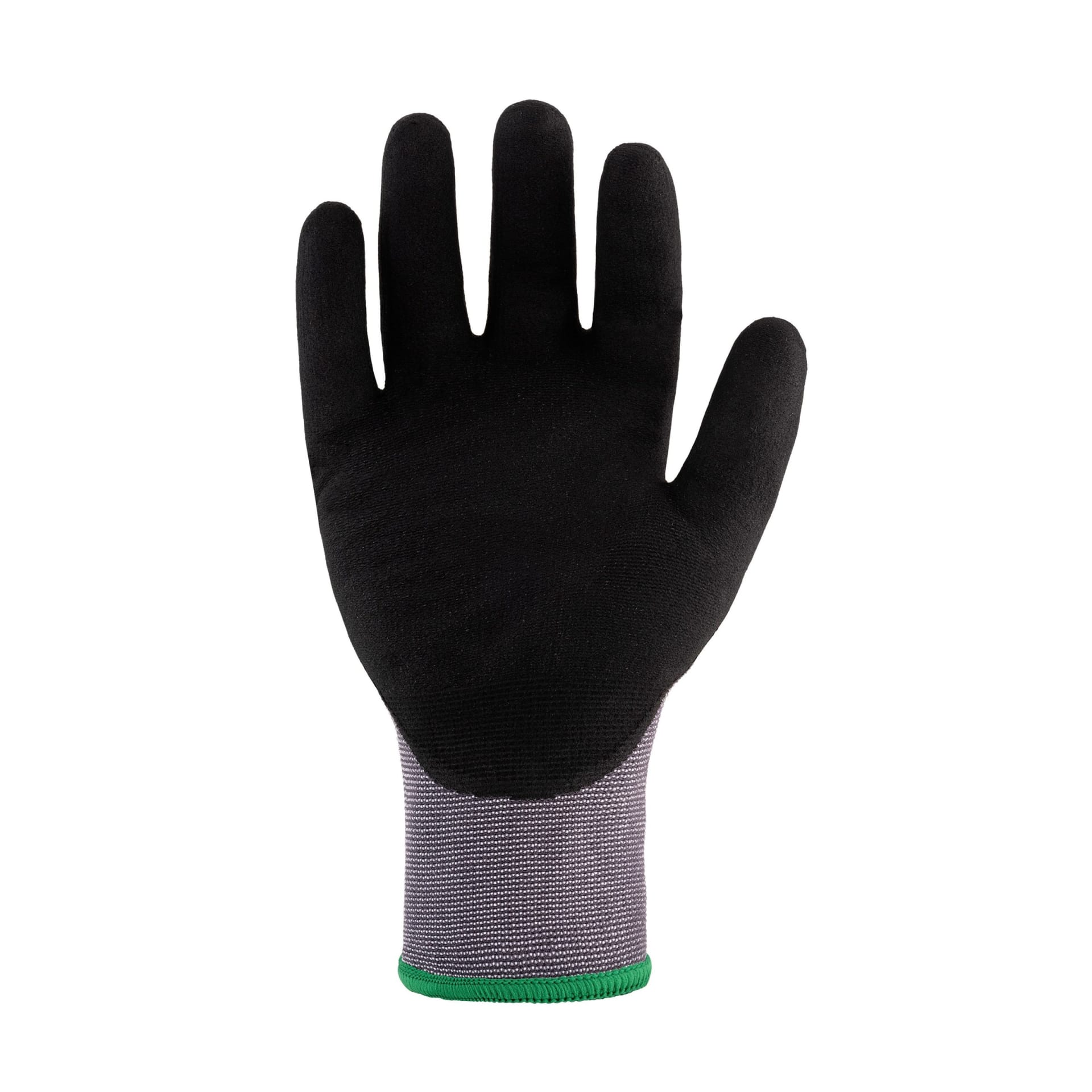 Black nitrile coated work glove packshot on white background - PPE photography UK