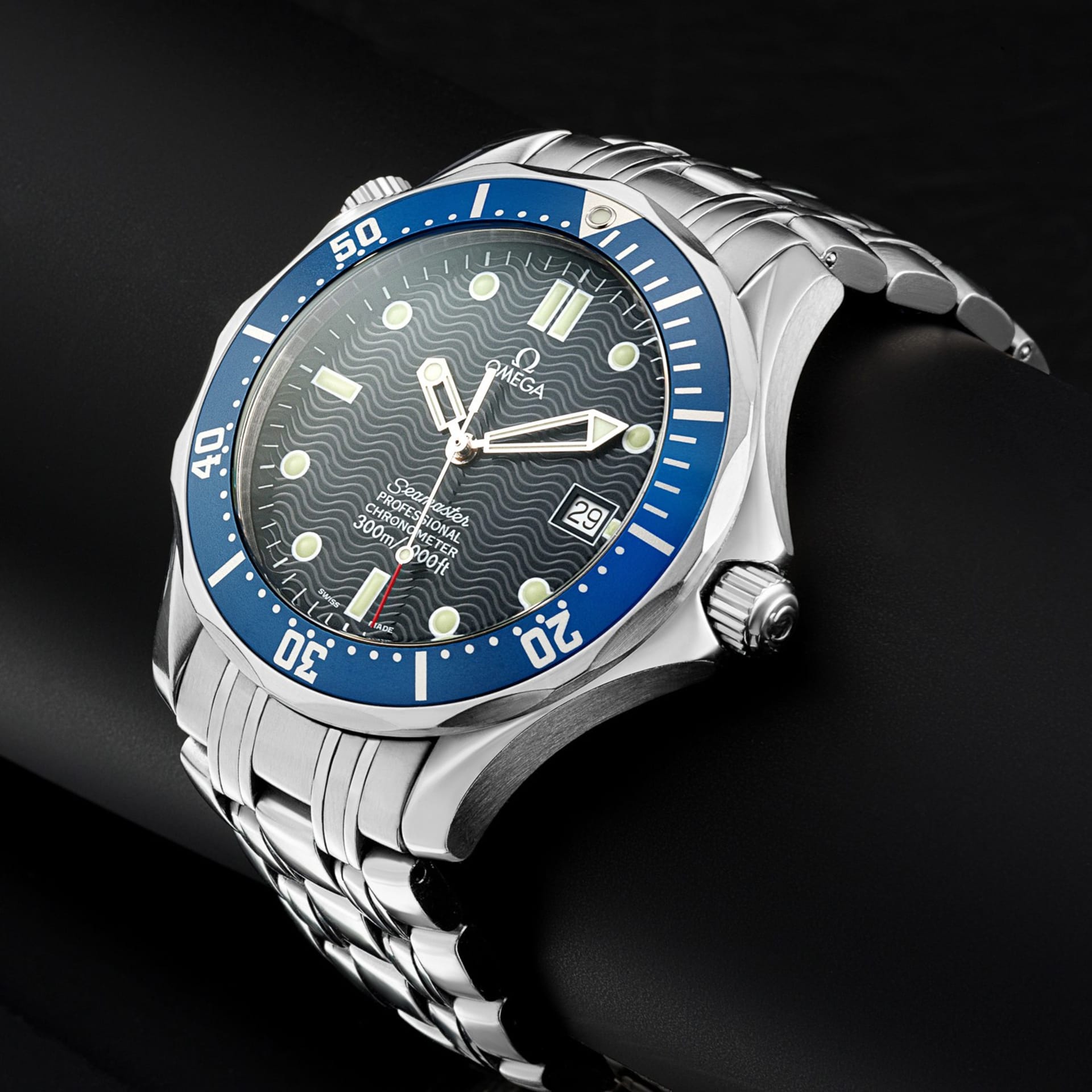 Omega Seamaster luxury watch blue bezel studio detail - watch product photography UK