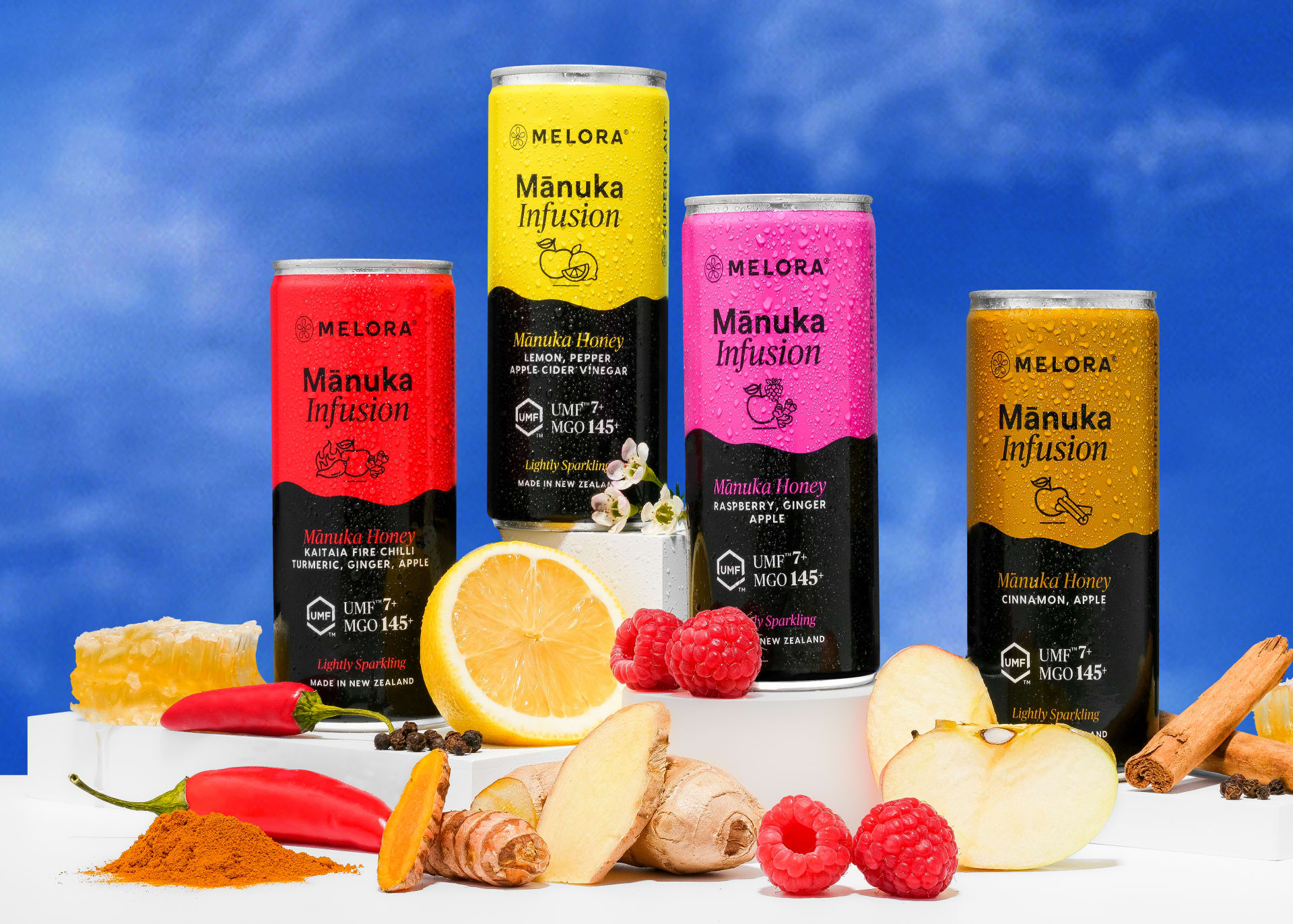 Melora Manuka Infusion drinks arranged as a range with ingredients