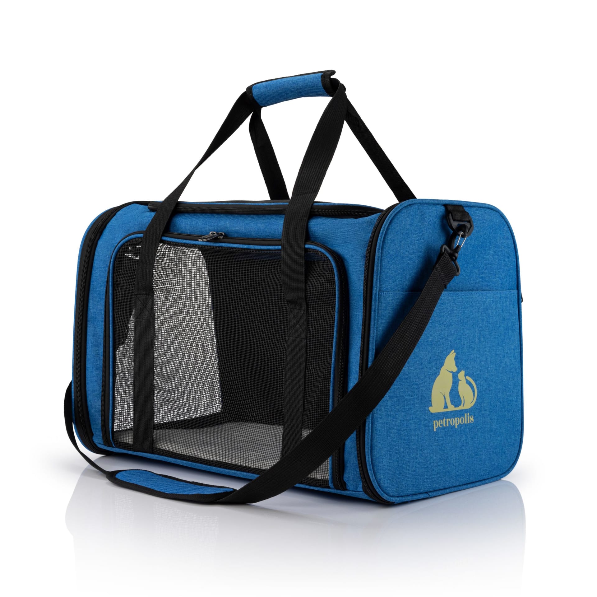 Blue pet carrier bag packshot on white background - pet product photography UK