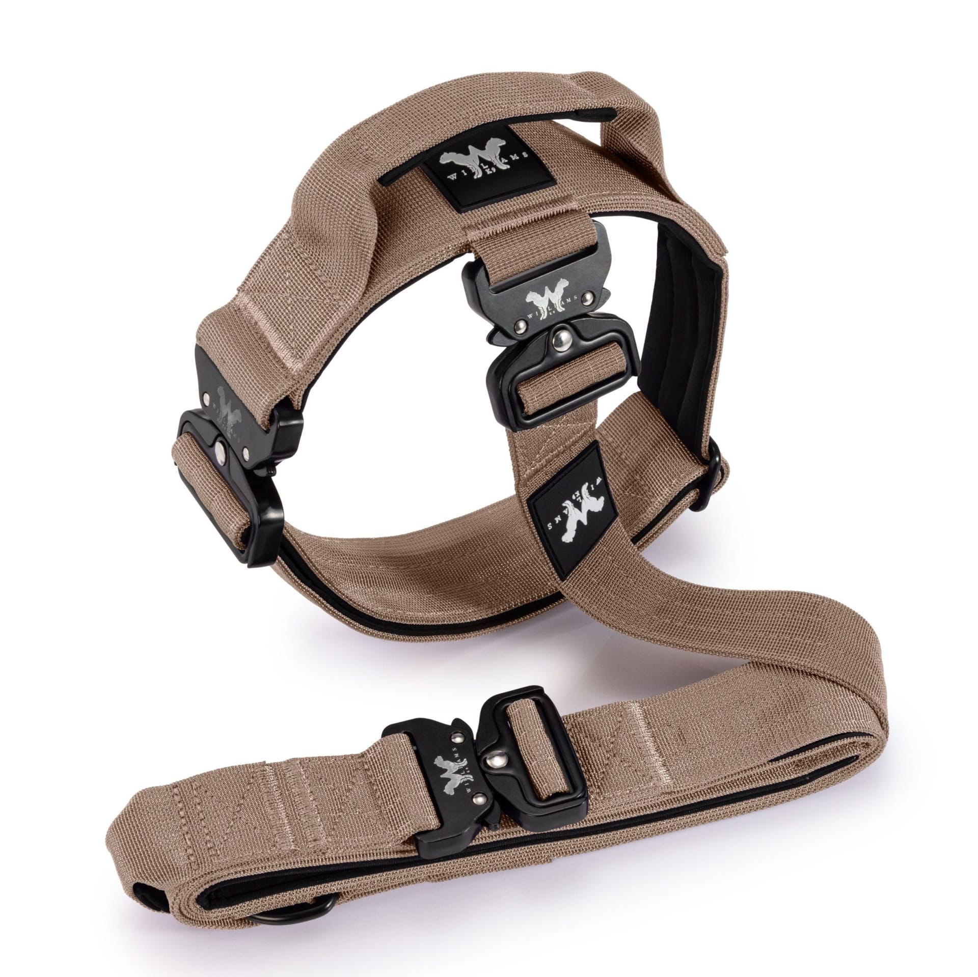 Tactical dog harness and collar set tan packshot - pet product photography UK