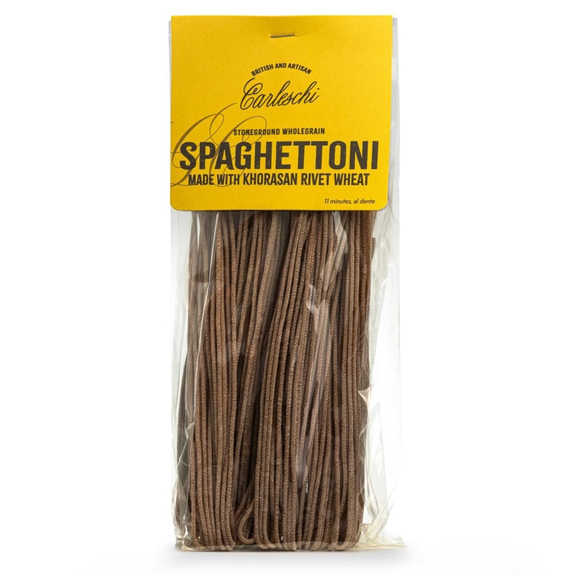 Artisan wholegrain spaghettoni pasta packshot on white background - product photography UK