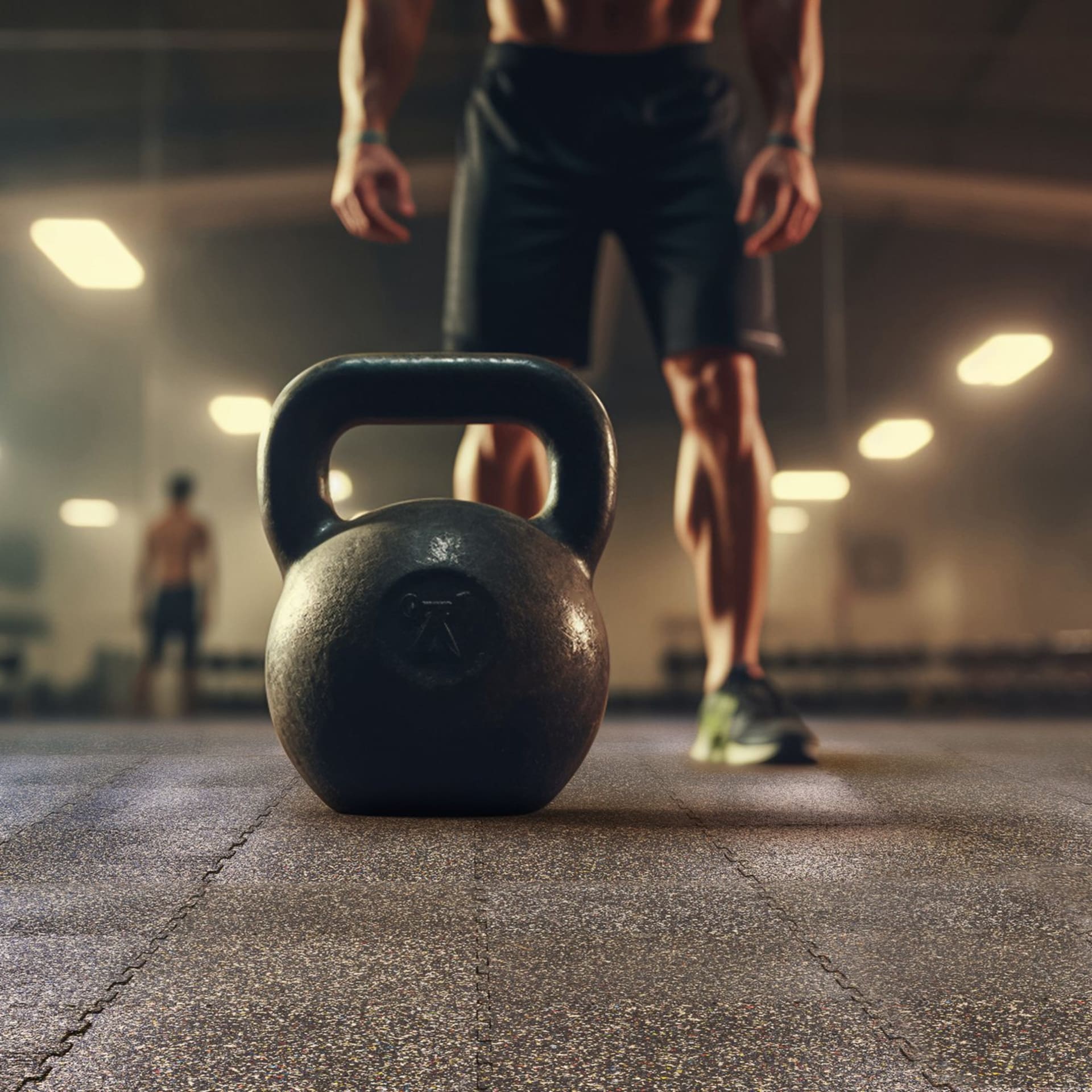 Kettlebell on gym floor with dramatic fitness lighting