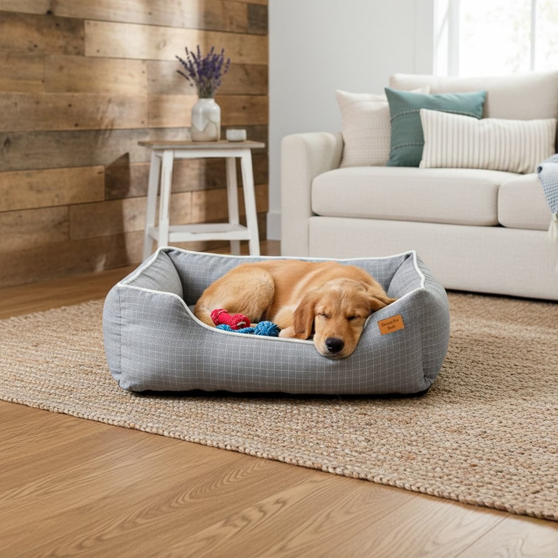 Grey dog bed with golden retriever lifestyle in living room - pet product photography UK