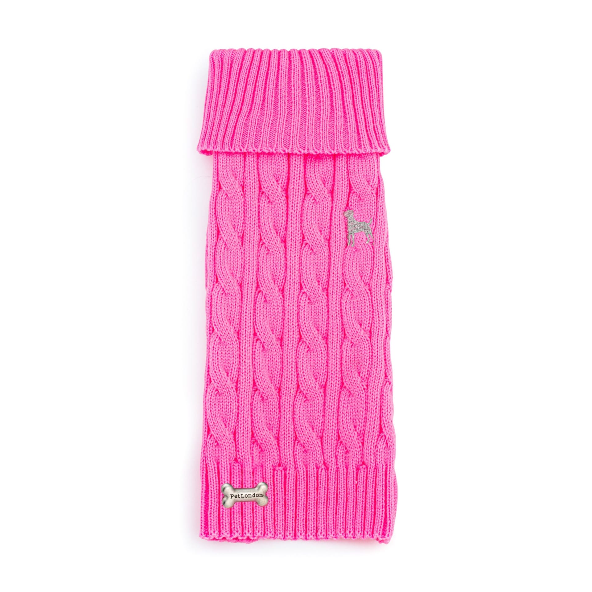 Pink cable knit dog sweater packshot on white - pet product photography UK