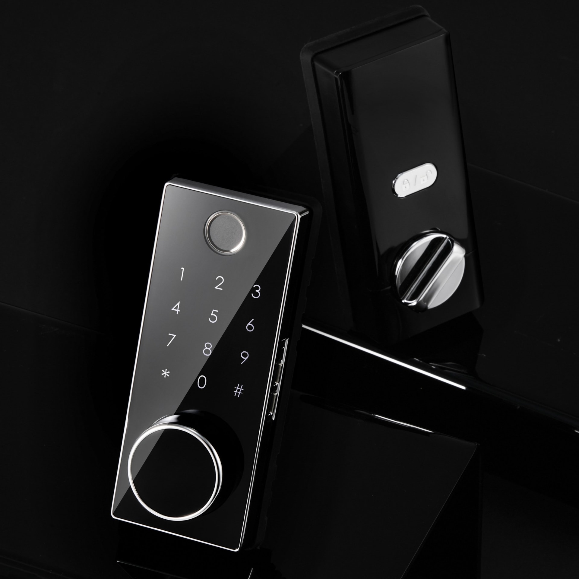 Smart door lock keypad black studio packshot - technology photography UK