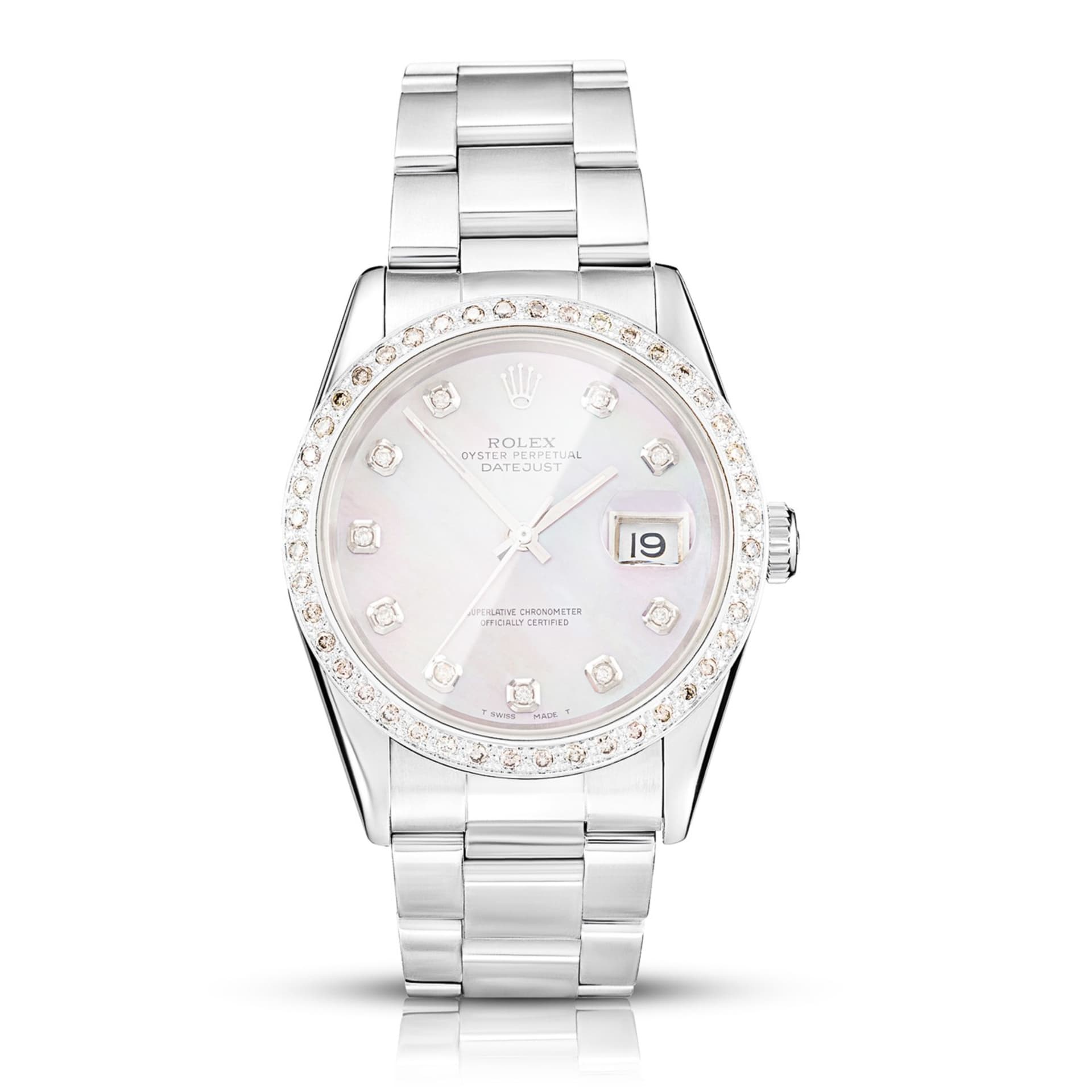 Rolex Datejust diamond bezel packshot on white background - watch product photography UK