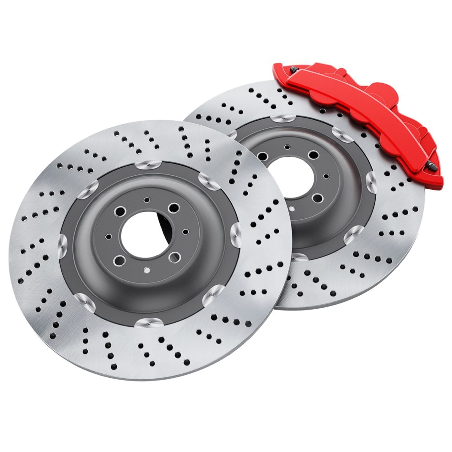Performance brake discs with red caliper packshot on white - automotive photography UK