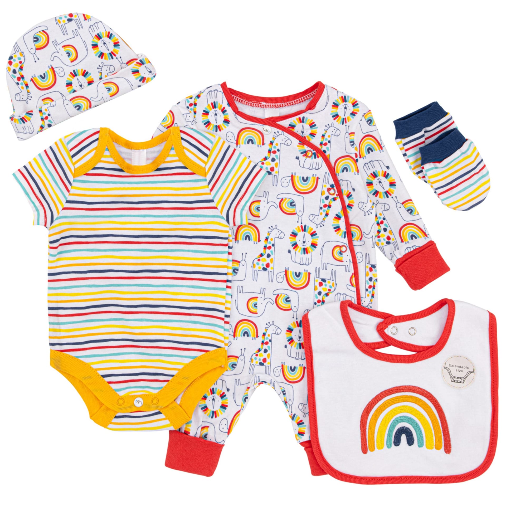 Rainbow baby clothing set flat lay on white background - clothing photography UK