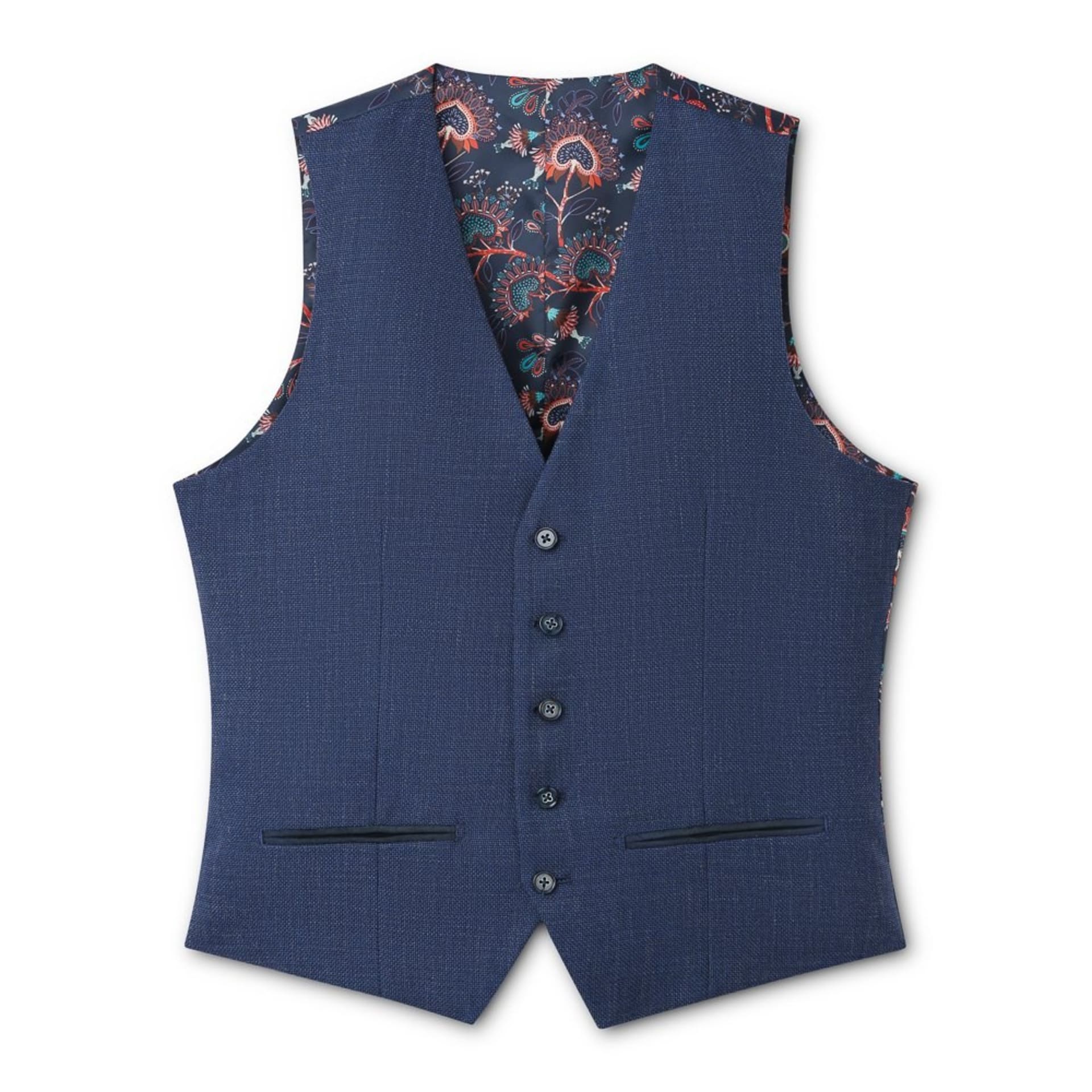 Navy blue mens waistcoat with paisley lining flat lay - clothing photography UK