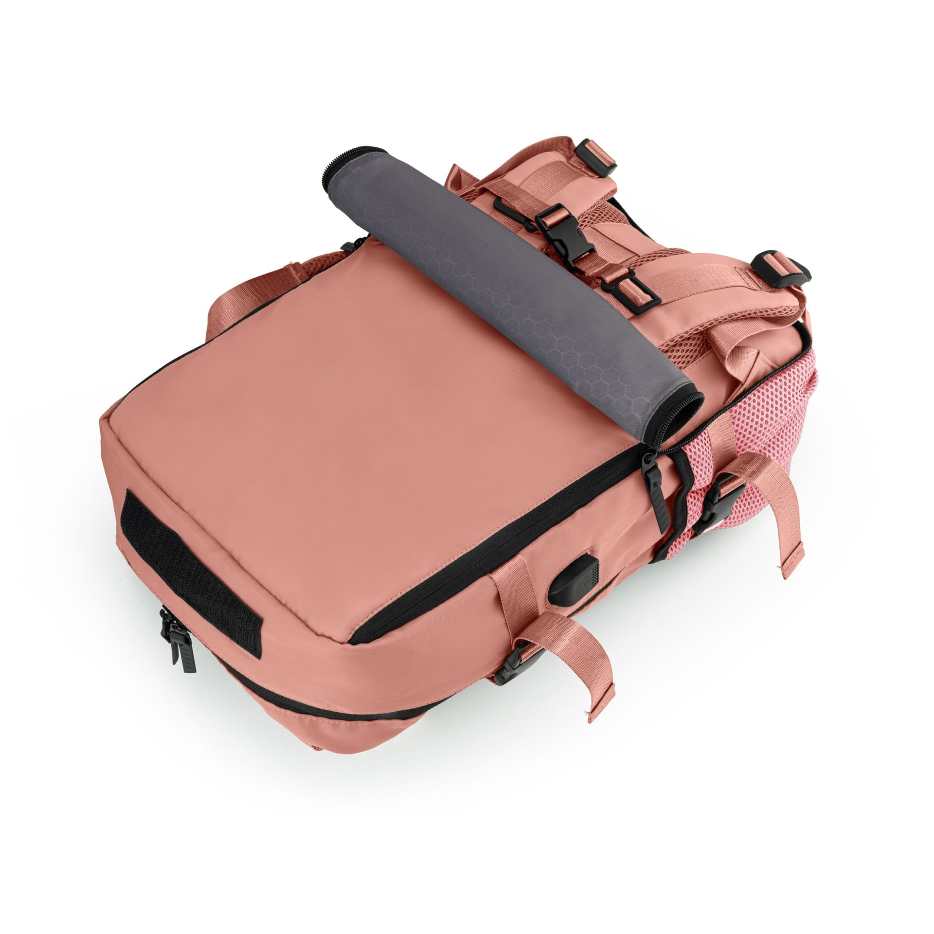 Pink backpack rolltop packshot on white background - bag product photography UK