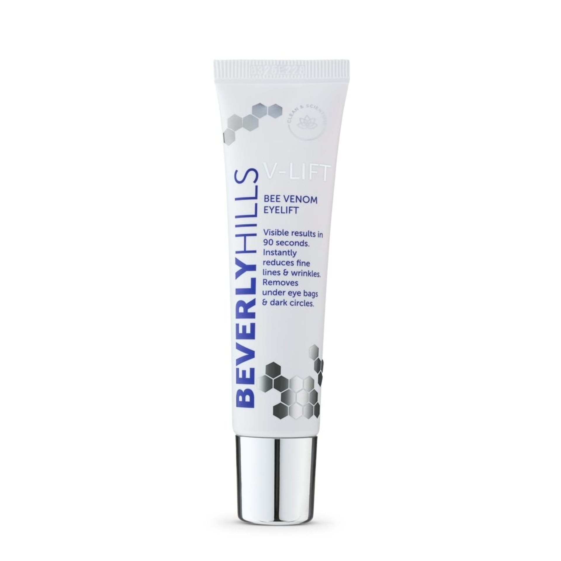 Bee venom eye cream tube packshot on white background - skincare product photography UK