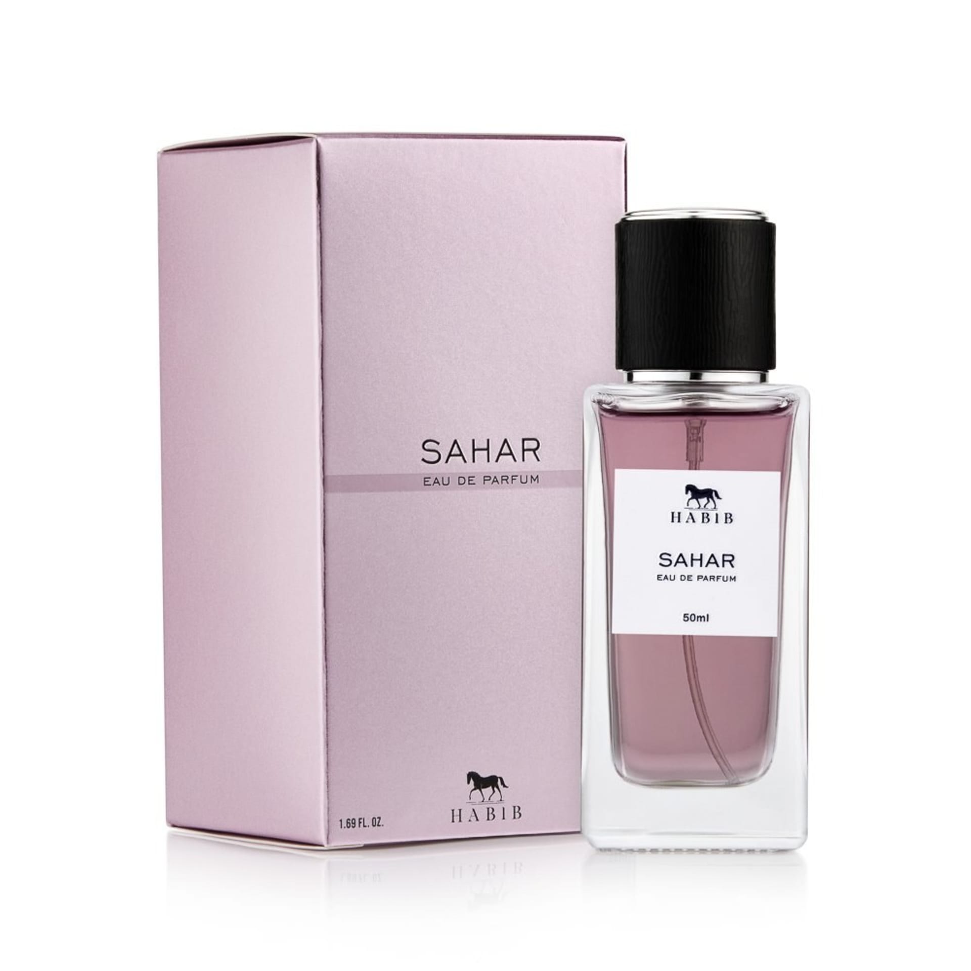 Pink perfume bottle with box packshot on white background - luxury beauty product photography UK