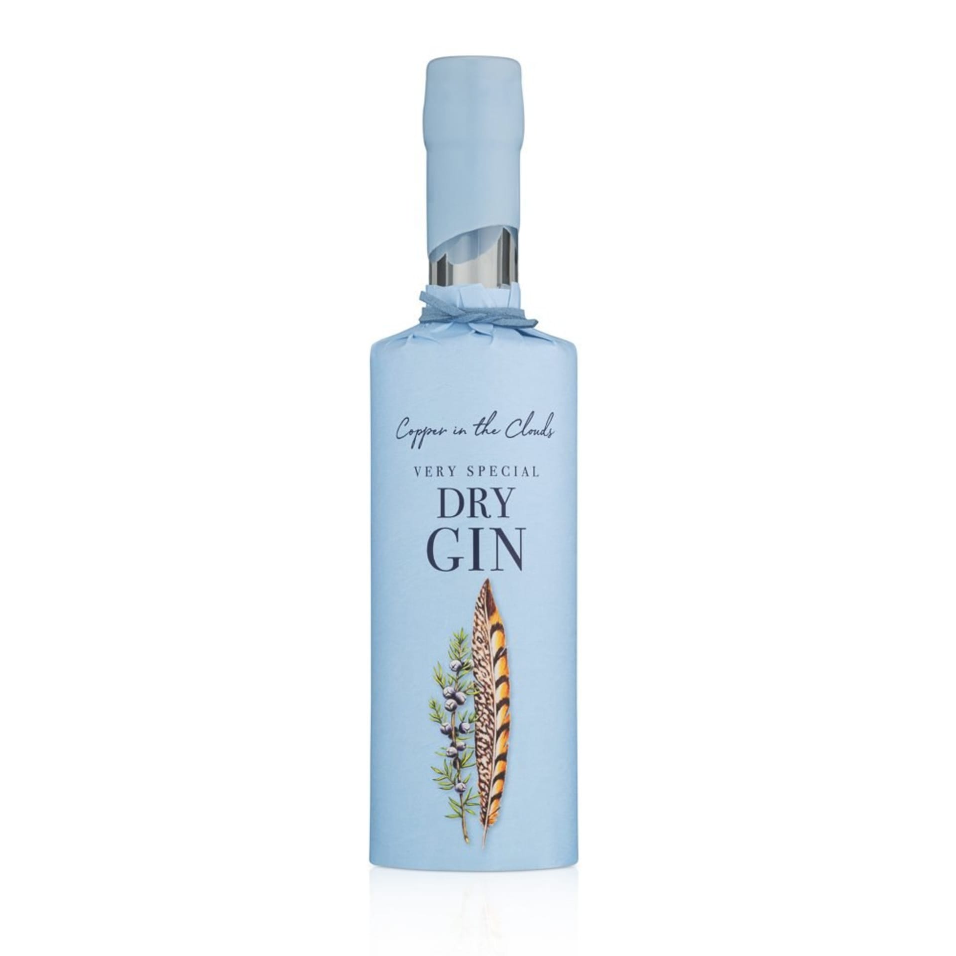 Dry gin bottle packshot on light blue white background - bottle photography UK