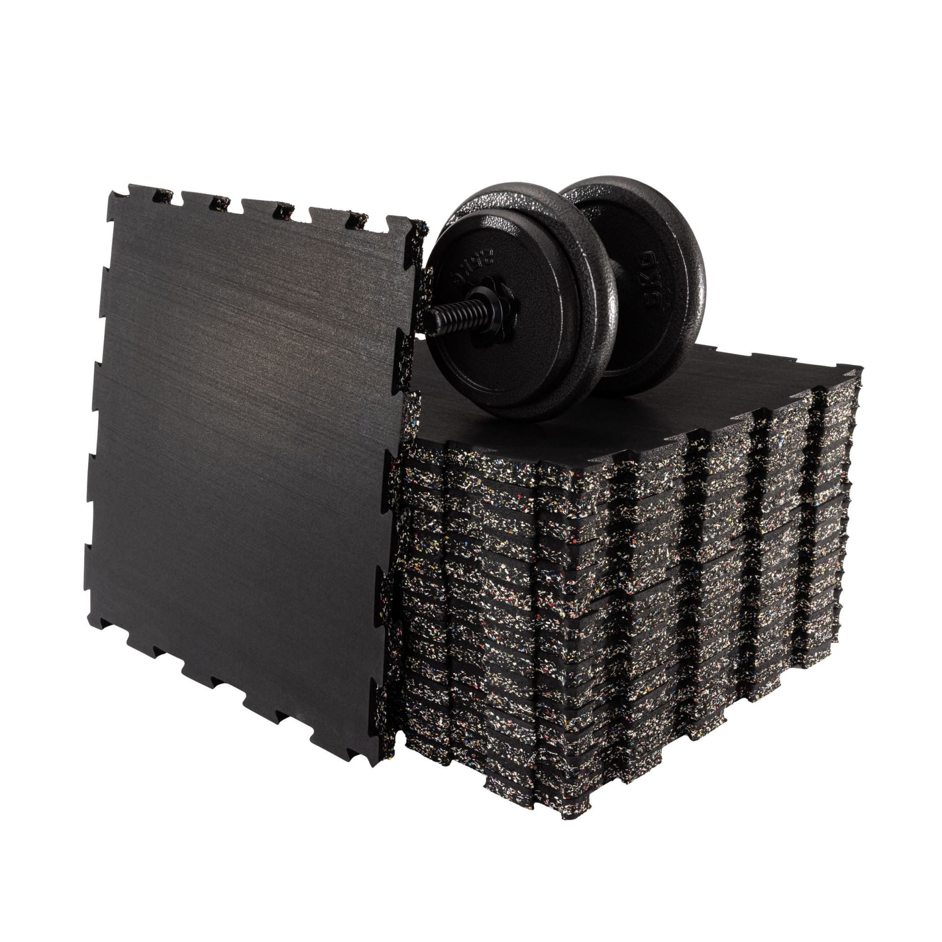 Rubber gym flooring tiles stacked with dumbbell packshot - flooring product photography UK