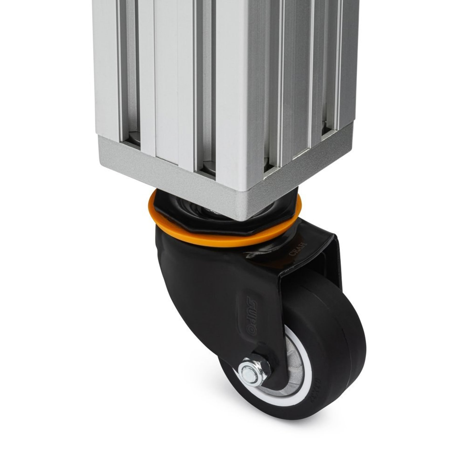 Aluminium extrusion swivel caster wheel packshot - hardware product photography UK