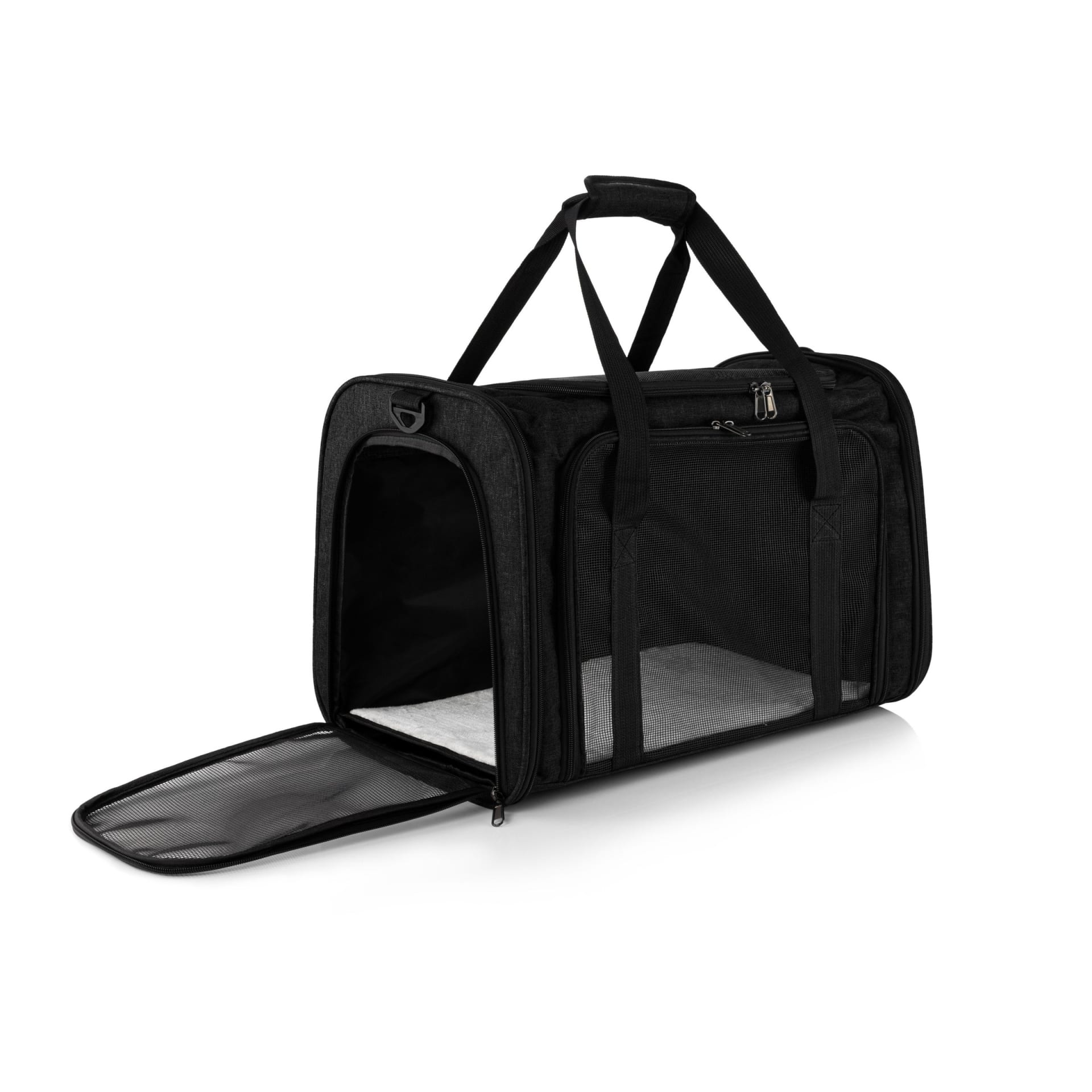 Black pet carrier bag with mesh packshot on white background - pet product photography UK