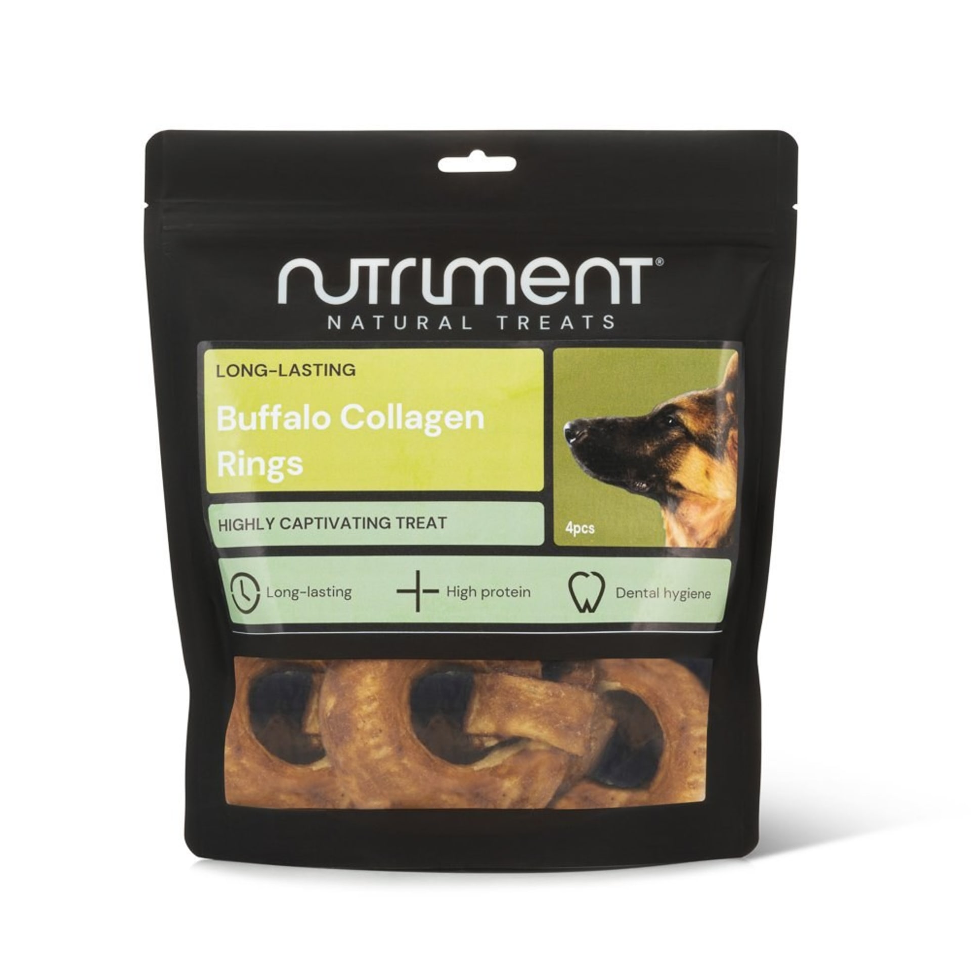 Dog treats buffalo collagen rings packshot on black background - pet product photography UK