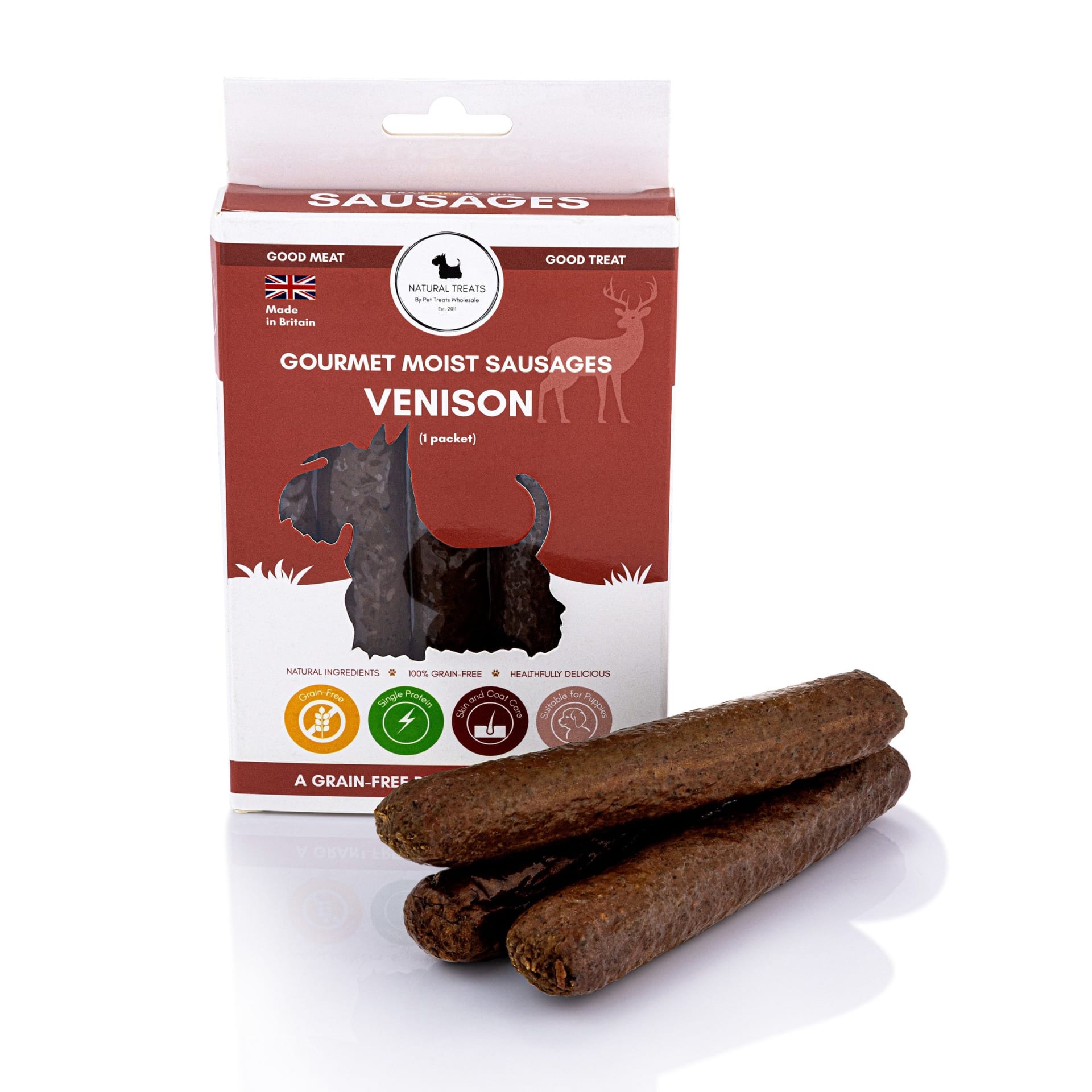 Venison dog treat sausages box packshot on white - pet product photography UK