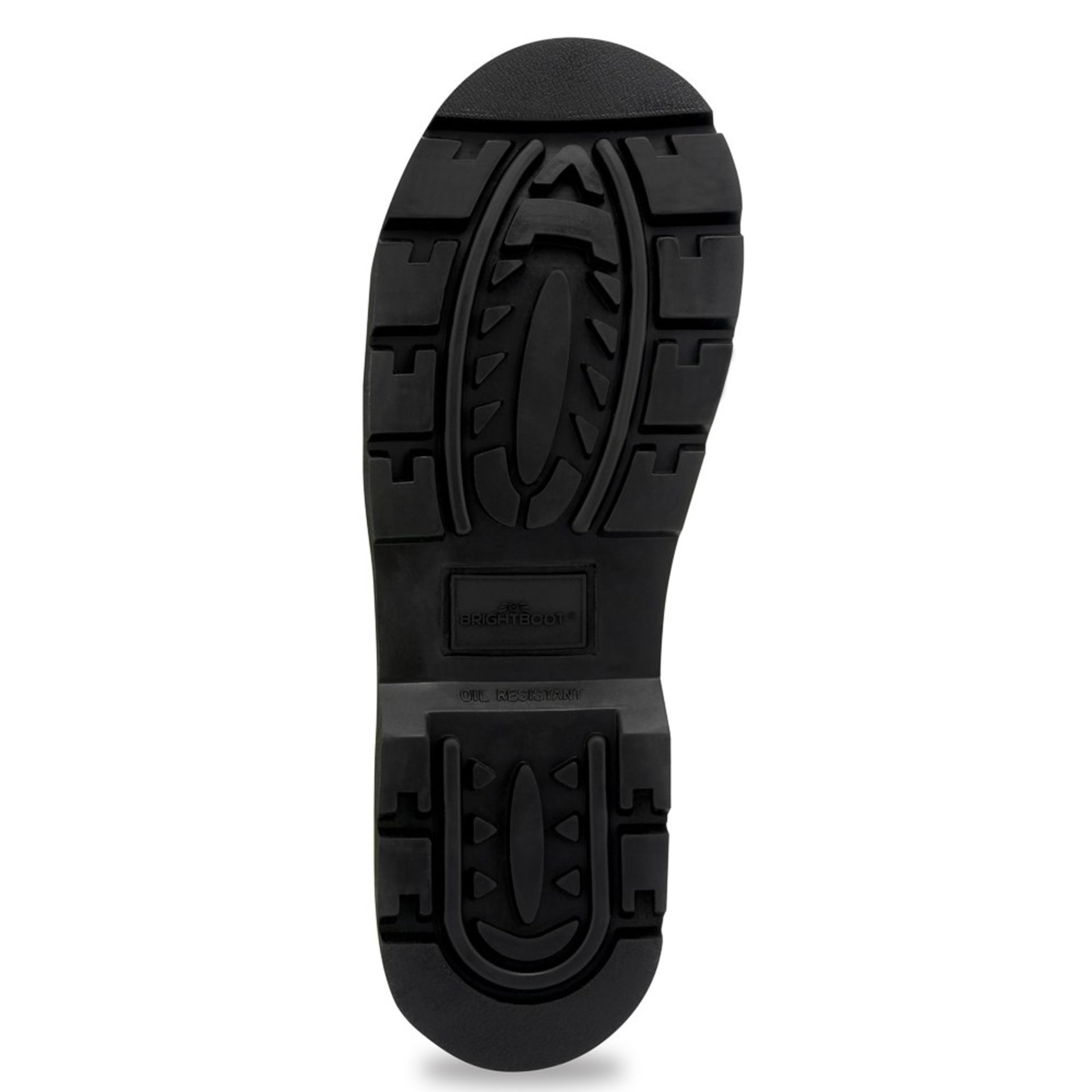 Black safety boot sole tread packshot on white background - footwear product photography UK