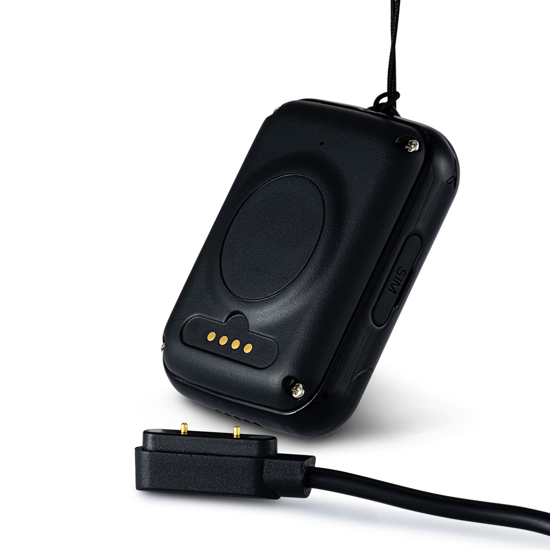 GPS tracker device with magnetic charger packshot on white - technology photography UK
