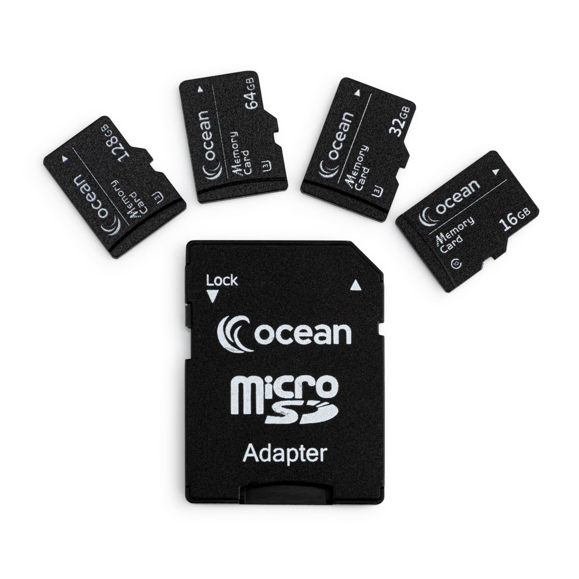 Micro SD cards with adapter packshot on white background - technology photography UK