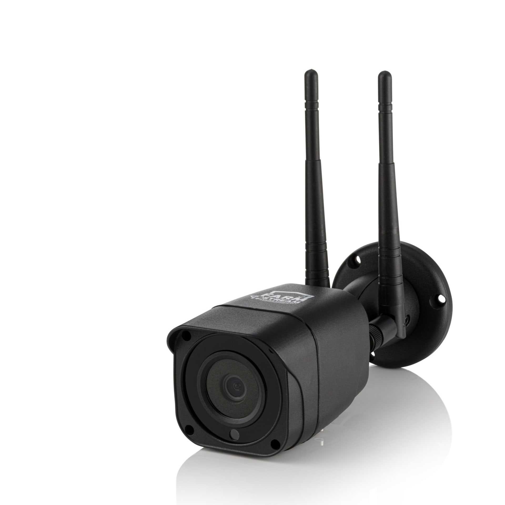 Wireless security camera black packshot on white background - technology photography UK