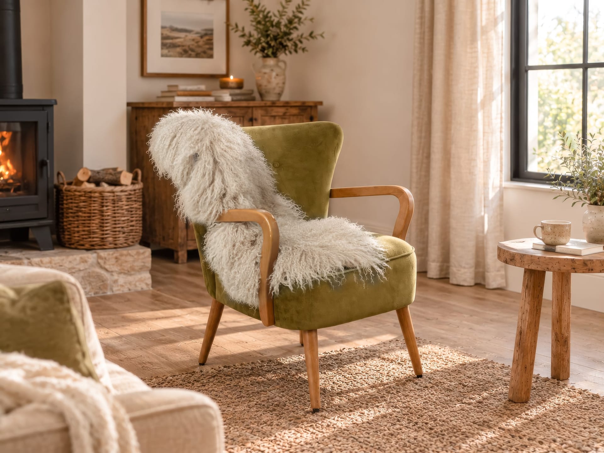 Beige curly sheepskin rug draped over an olive green wooden-arm chair beside a fireplace and bright window